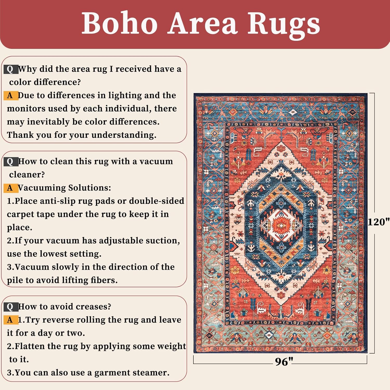 SERISSA Washable Rugs 8x10 Area Rugs, Large Non-Slip Boho Living Room Rust Rug, Ultra Soft Vintage Print Distressed Oriental Tribal Farmhouse Carpet for Dining Room Bedroom Dorm Office Home Decor