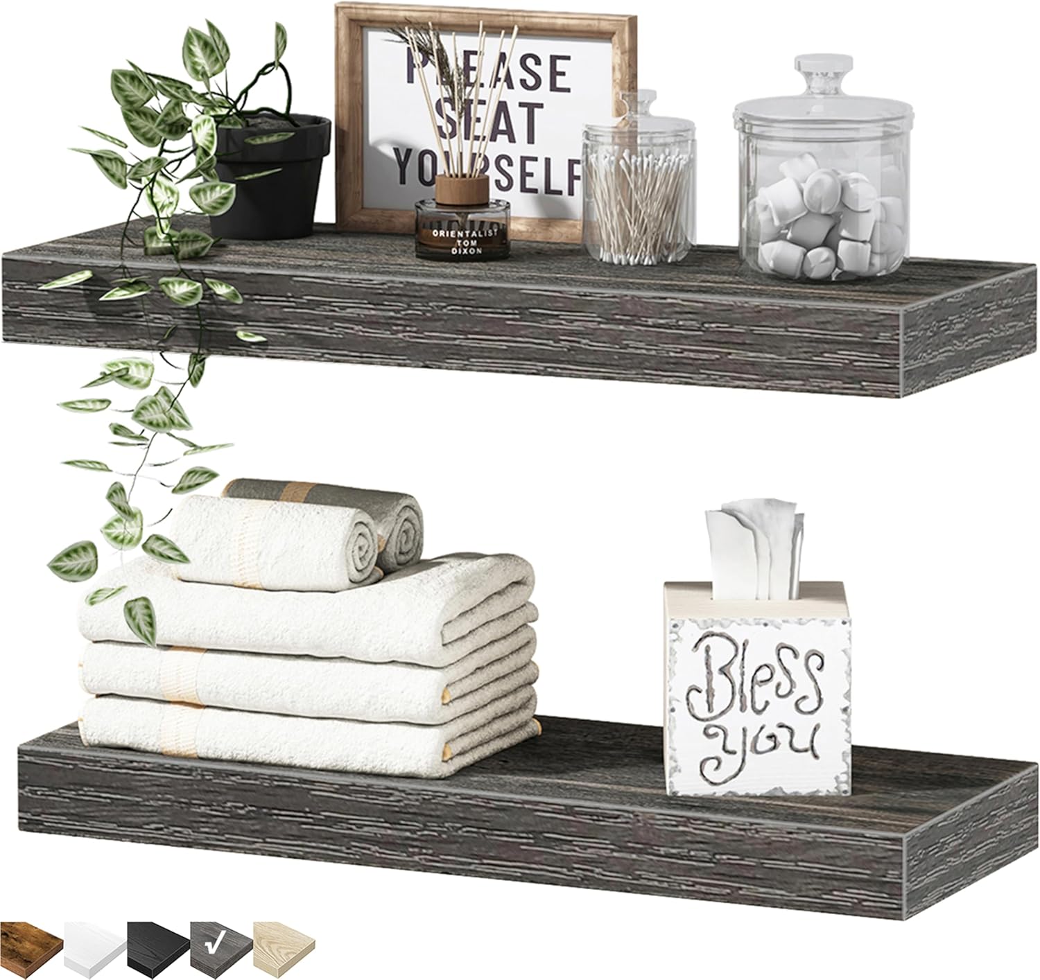 QEEIG Floating Shelves for Wall 35.4" Long - Wall Mounted Shelf Bathroom Kitchen Living Room Bedroom Farmhouse Home Decor Display Bookshelf Large 35.4 x 9.3 inch Set of 2, Rustic Brown (008-90BN)
