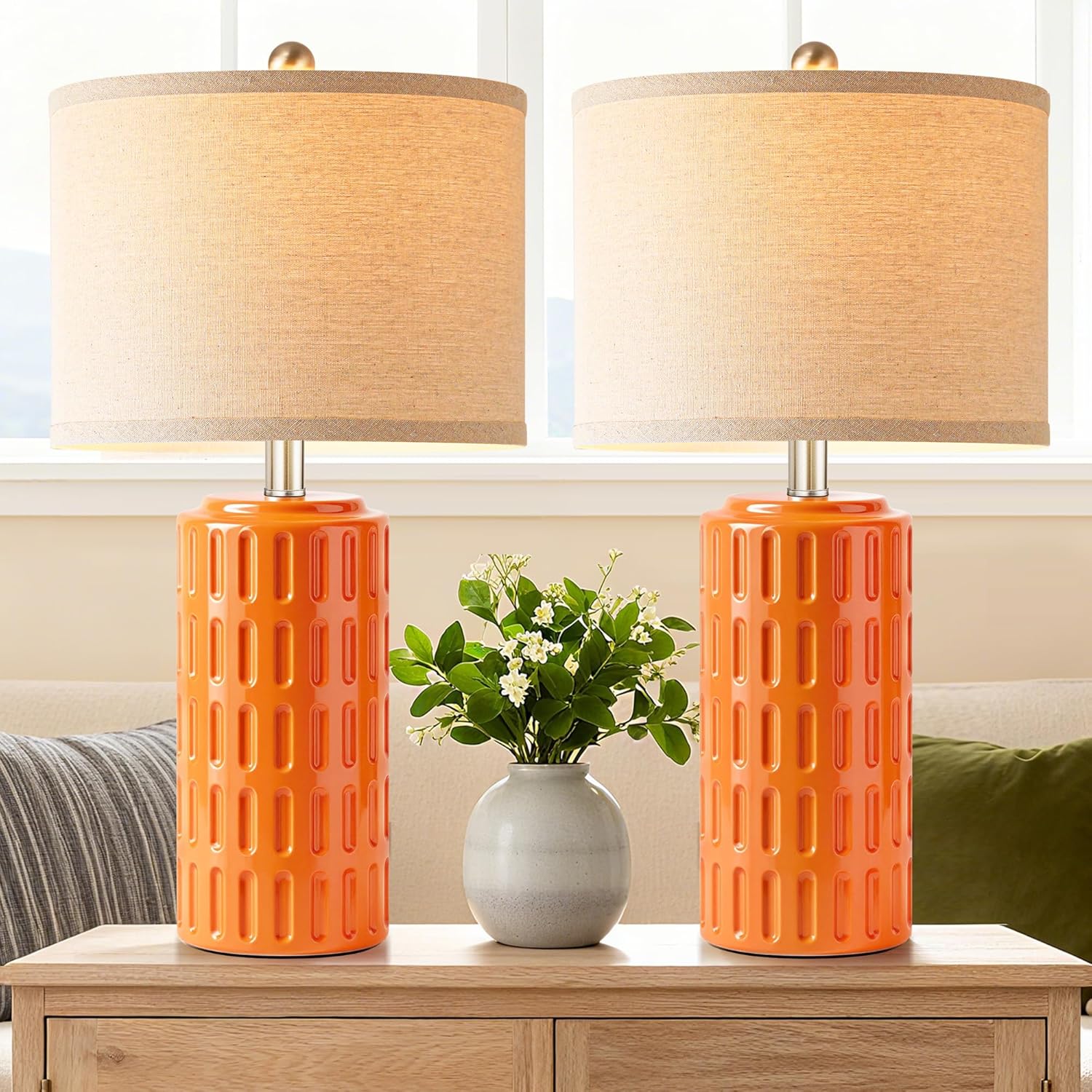 PARTPHONER 23" Modern Ceramic Table Lamp Set of 2, Table Lamps for Living Room, Rustic Farmhouse Bedside Lamps Nightstand lamp for Bedroom, White Desk Lamp for End Table Home Decor Beige