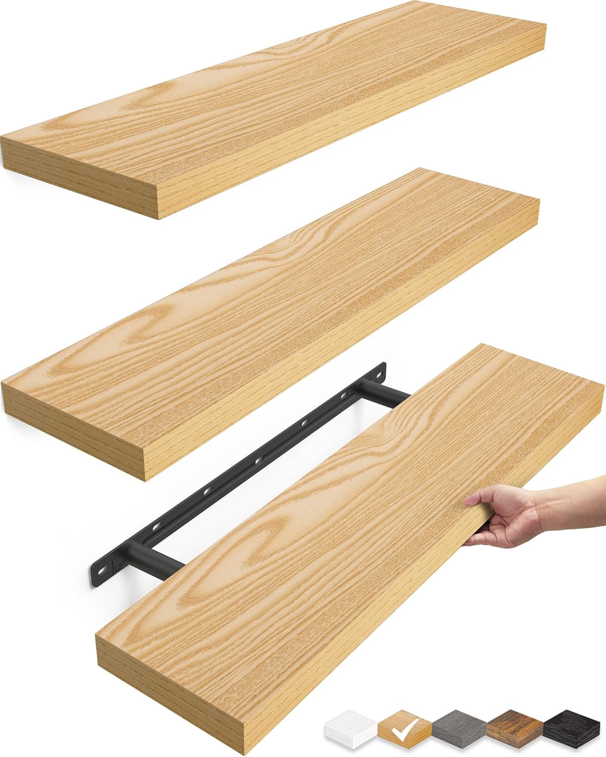 BAYKA Floating Shelves for Wall, 36 inches Long Wall Mounted Rustic Wood Shelves for Bathroom, Bedroom, Living Room, for Book/Storage/Decor with 30lbs Capacity - Black,Set of 3