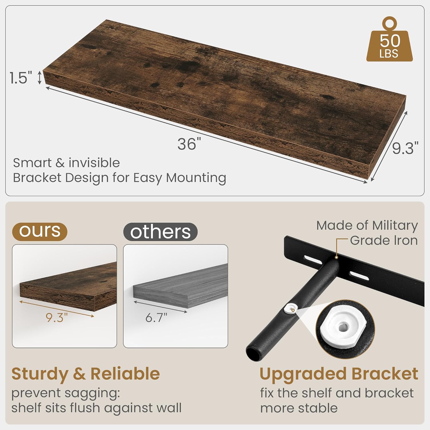 Fun Memories 36 Inch Long Floating Shelves for Wall, 9.3 Inch Deep Floating Shelf, 2 Packs Long Shelves for Bathroom, Living Room, Bedroom, Wall Mounted Storage Shelf for Books Decor, Rustic Brown