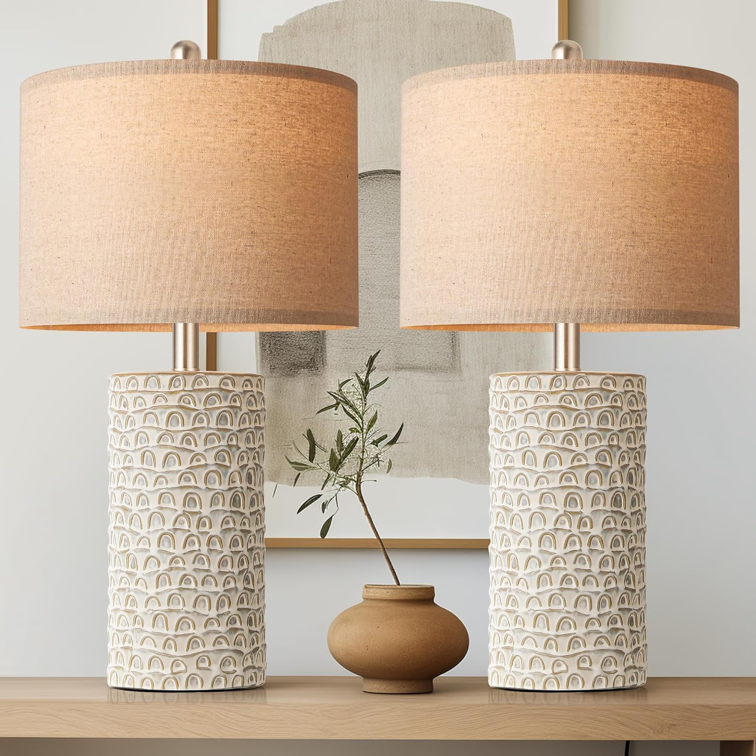 PARTPHONER 23" Modern Ceramic Table Lamp Set of 2, Table Lamps for Living Room, Rustic Farmhouse Bedside Lamps Nightstand lamp for Bedroom, White Desk Lamp for End Table Home Decor Beige