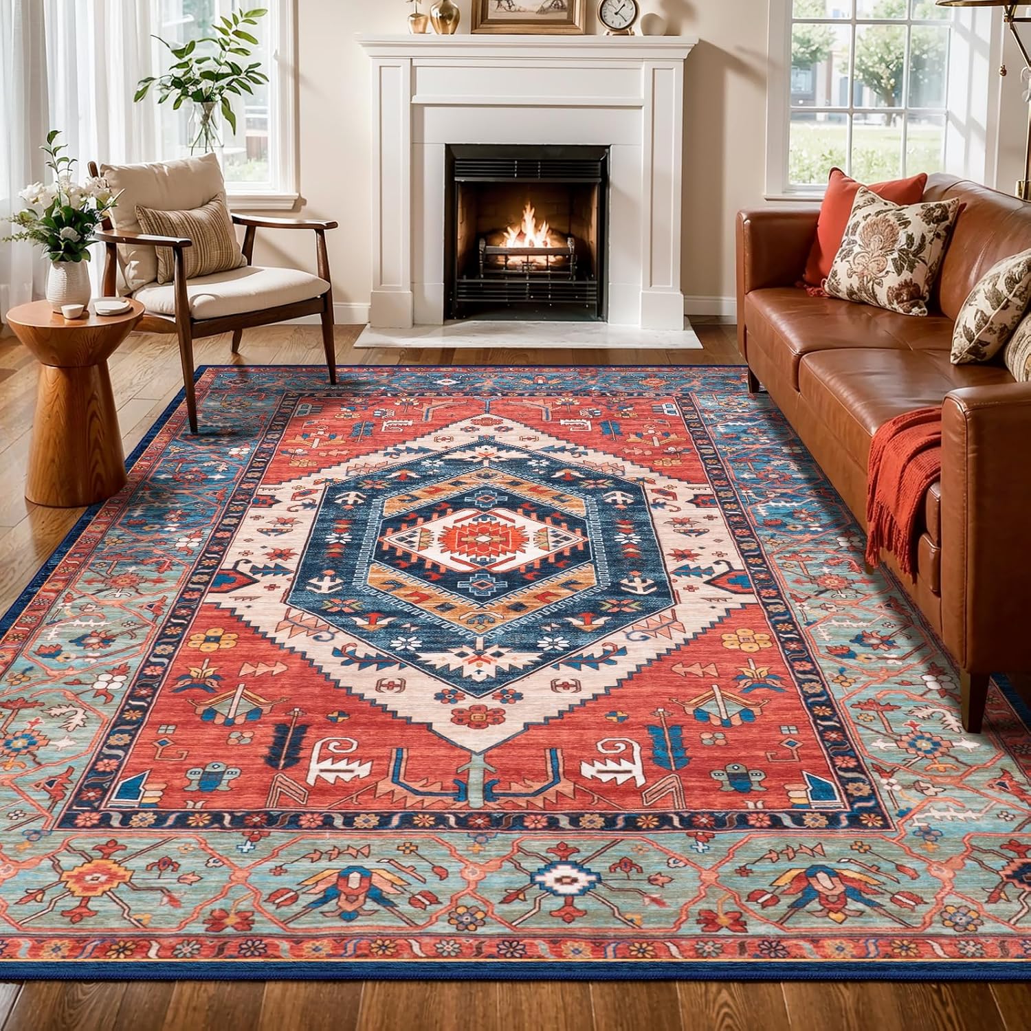 SERISSA Washable Rugs 8x10 Area Rugs, Large Non-Slip Boho Living Room Rust Rug, Ultra Soft Vintage Print Distressed Oriental Tribal Farmhouse Carpet for Dining Room Bedroom Dorm Office Home Decor