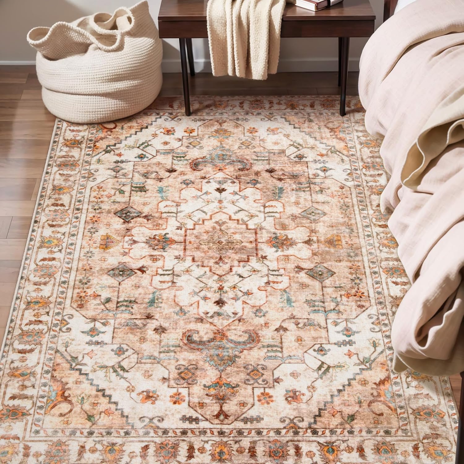 SERISSA Washable Rugs 8x10 Area Rugs, Large Non-Slip Boho Living Room Rust Rug, Ultra Soft Vintage Print Distressed Oriental Tribal Farmhouse Carpet for Dining Room Bedroom Dorm Office Home Decor