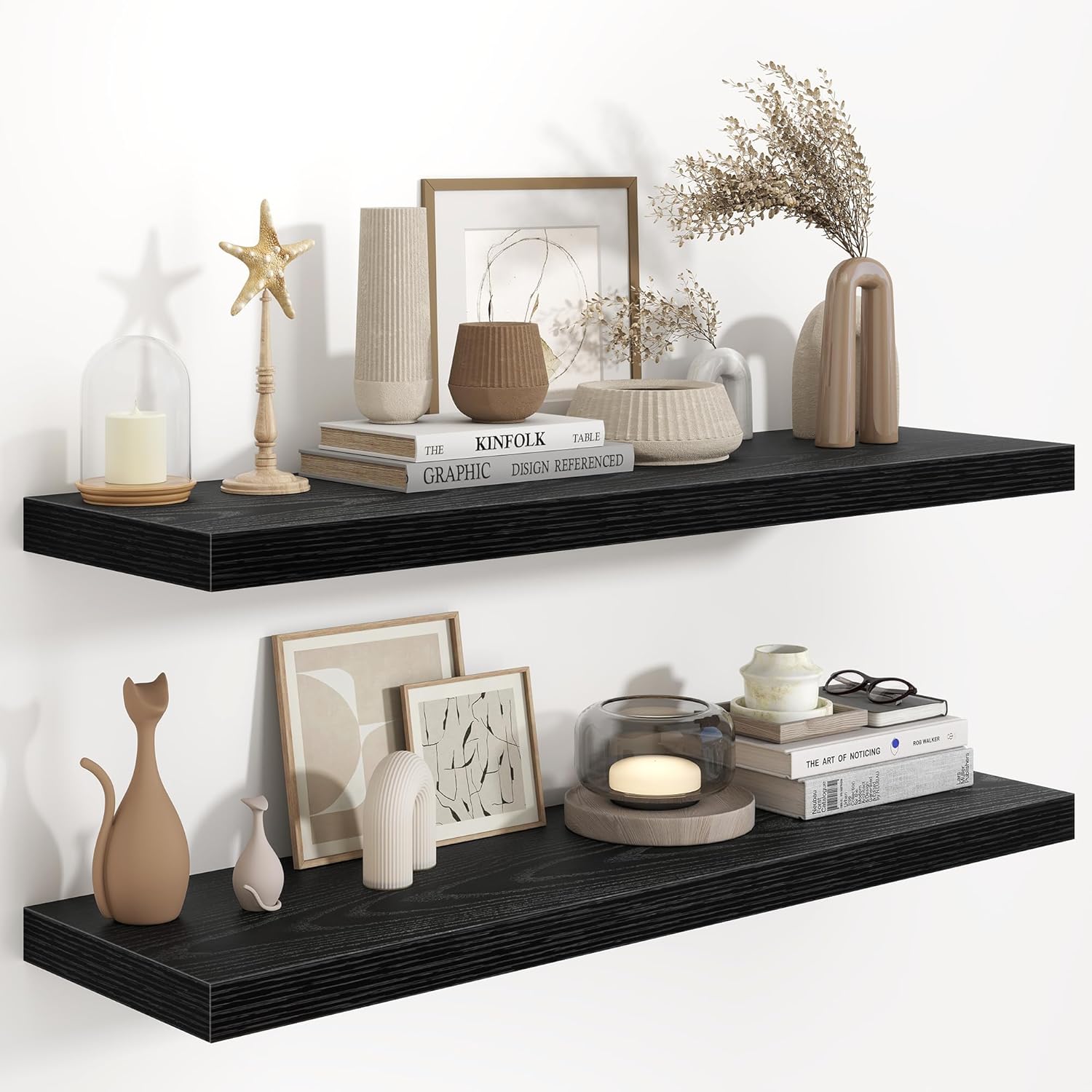 Fun Memories 36 Inch Long Floating Shelves for Wall, 9.3 Inch Deep Floating Shelf, 2 Packs Long Shelves for Bathroom, Living Room, Bedroom, Wall Mounted Storage Shelf for Books Decor, Rustic Brown