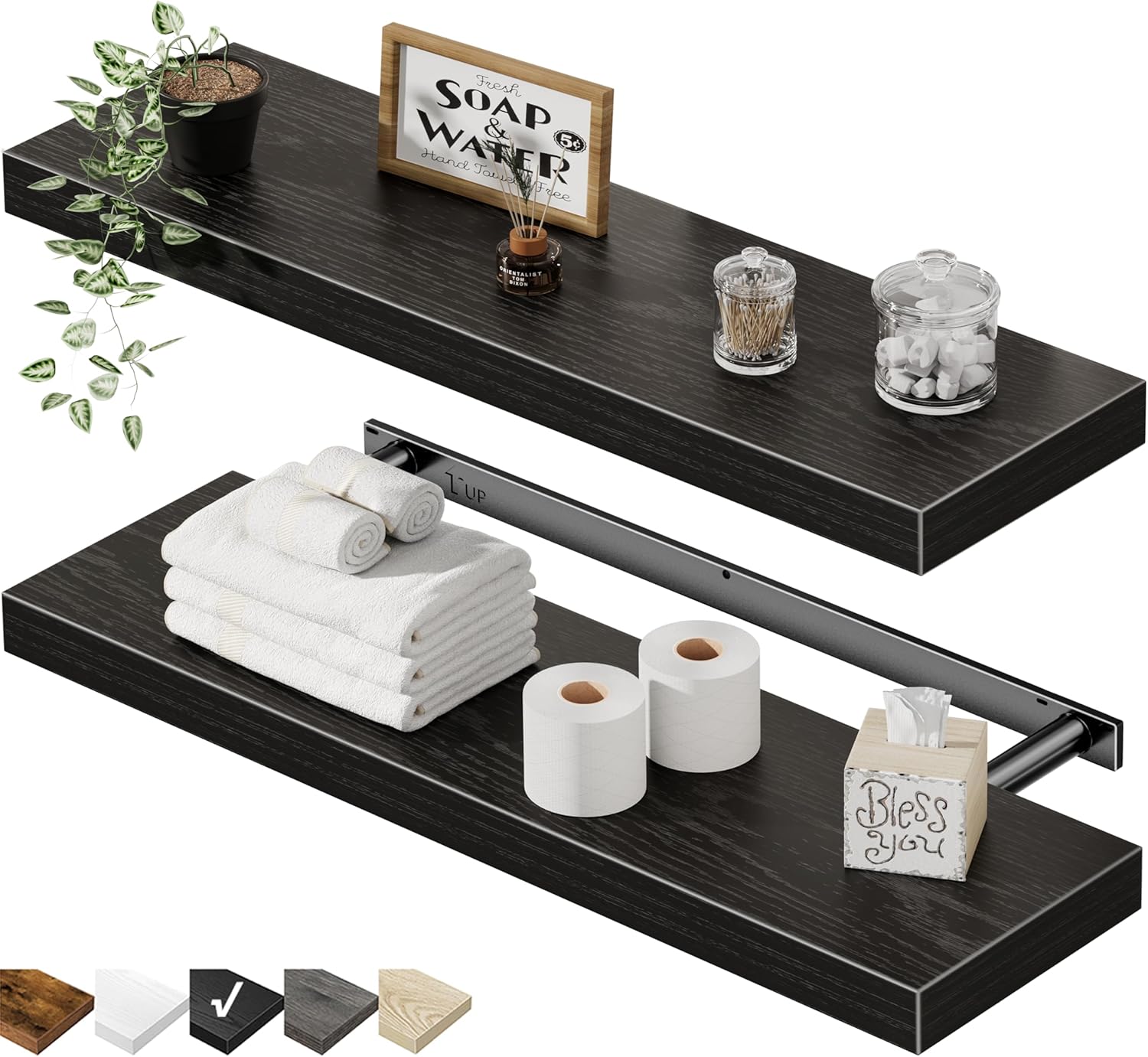 QEEIG Floating Shelves for Wall 35.4" Long - Wall Mounted Shelf Bathroom Kitchen Living Room Bedroom Farmhouse Home Decor Display Bookshelf Large 35.4 x 9.3 inch Set of 2, Rustic Brown (008-90BN)