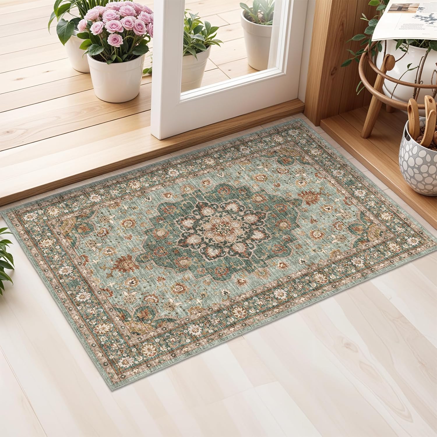 Washable Oriental Area Rug - 9x12 Rugs for Living Room Soft Carpet for Bedroom Waterproof Floral Distressed Indoor Stain Resistant Non-Shedding Floor Carpets (Green, 9x12)