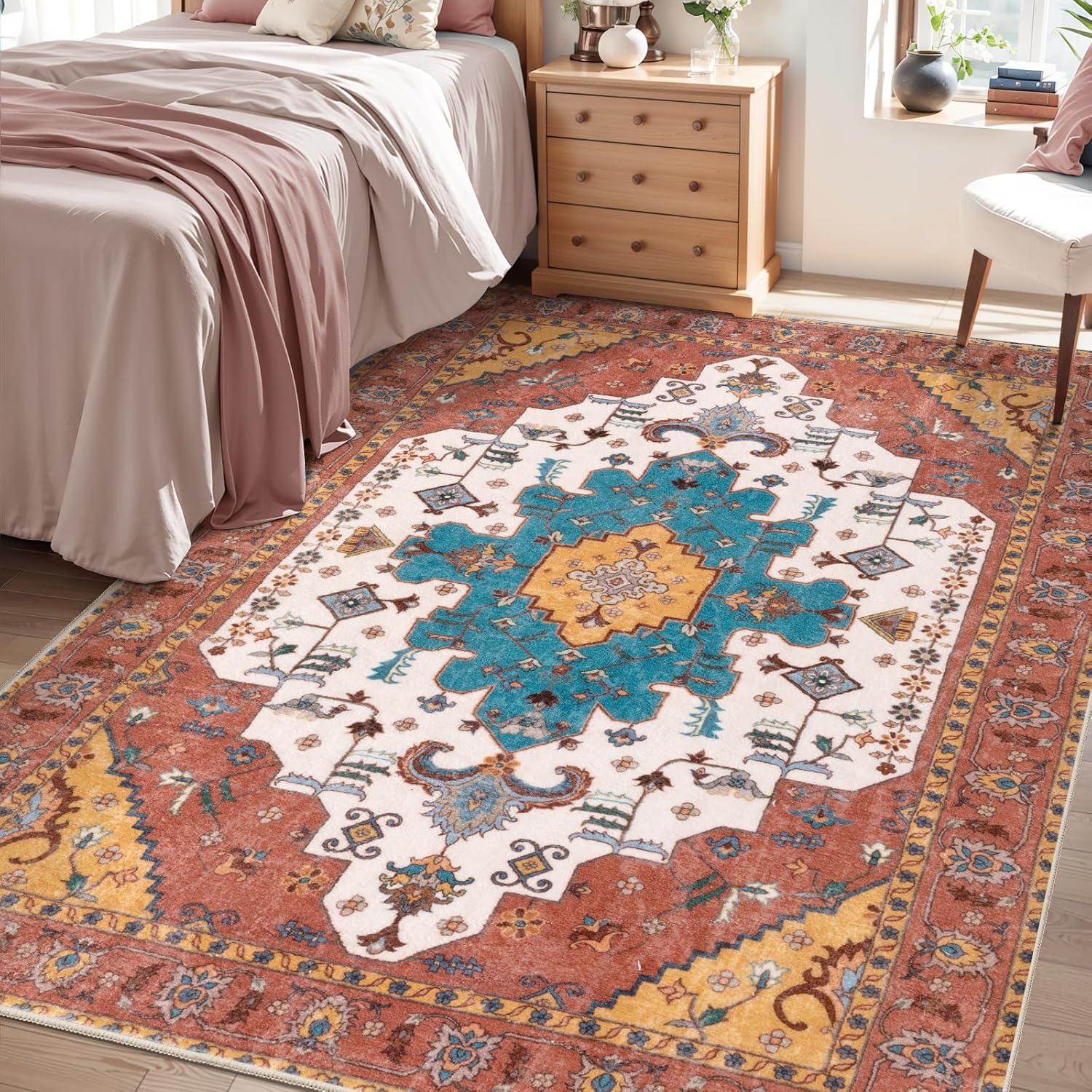 SERISSA Washable Rugs 8x10 Area Rugs, Large Non-Slip Boho Living Room Rust Rug, Ultra Soft Vintage Print Distressed Oriental Tribal Farmhouse Carpet for Dining Room Bedroom Dorm Office Home Decor