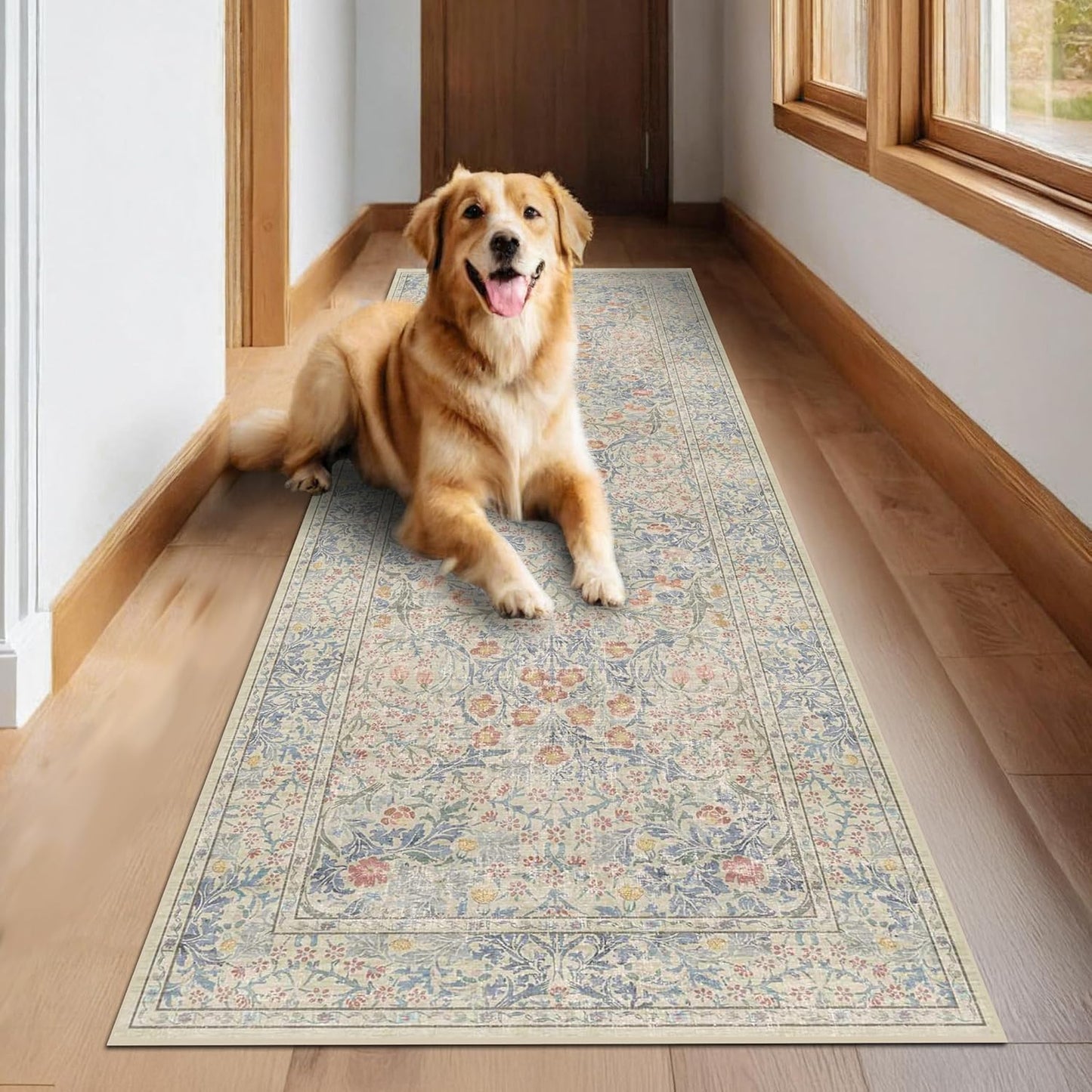 Vintage Dark Green Living Room Rug, 8x10 Washable Area Rugs for Dining Room Under Kitchen Table, Bedroom, Oriental Low Pile Stain Resistant Non-Slip Large Carpet (8x10 Dark Green)