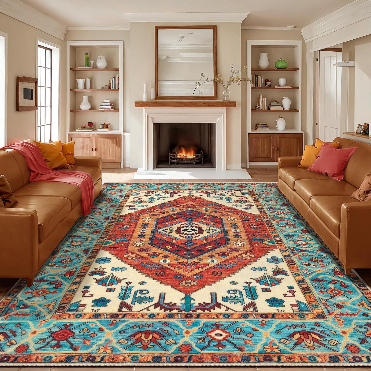 SERISSA Washable Rugs 8x10 Area Rugs, Large Non-Slip Boho Living Room Rust Rug, Ultra Soft Vintage Print Distressed Oriental Tribal Farmhouse Carpet for Dining Room Bedroom Dorm Office Home Decor