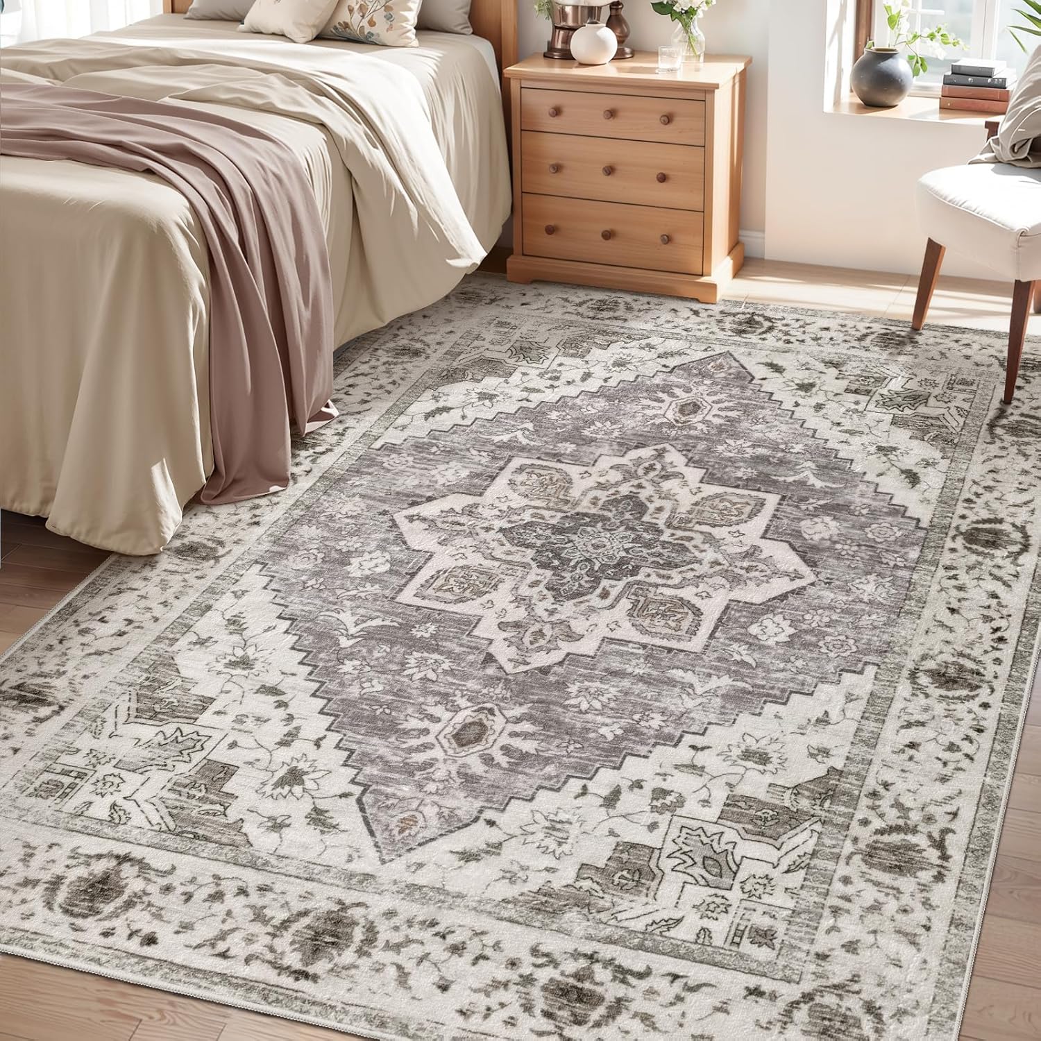 SERISSA Washable Rugs 8x10 Area Rugs, Large Non-Slip Boho Living Room Rust Rug, Ultra Soft Vintage Print Distressed Oriental Tribal Farmhouse Carpet for Dining Room Bedroom Dorm Office Home Decor