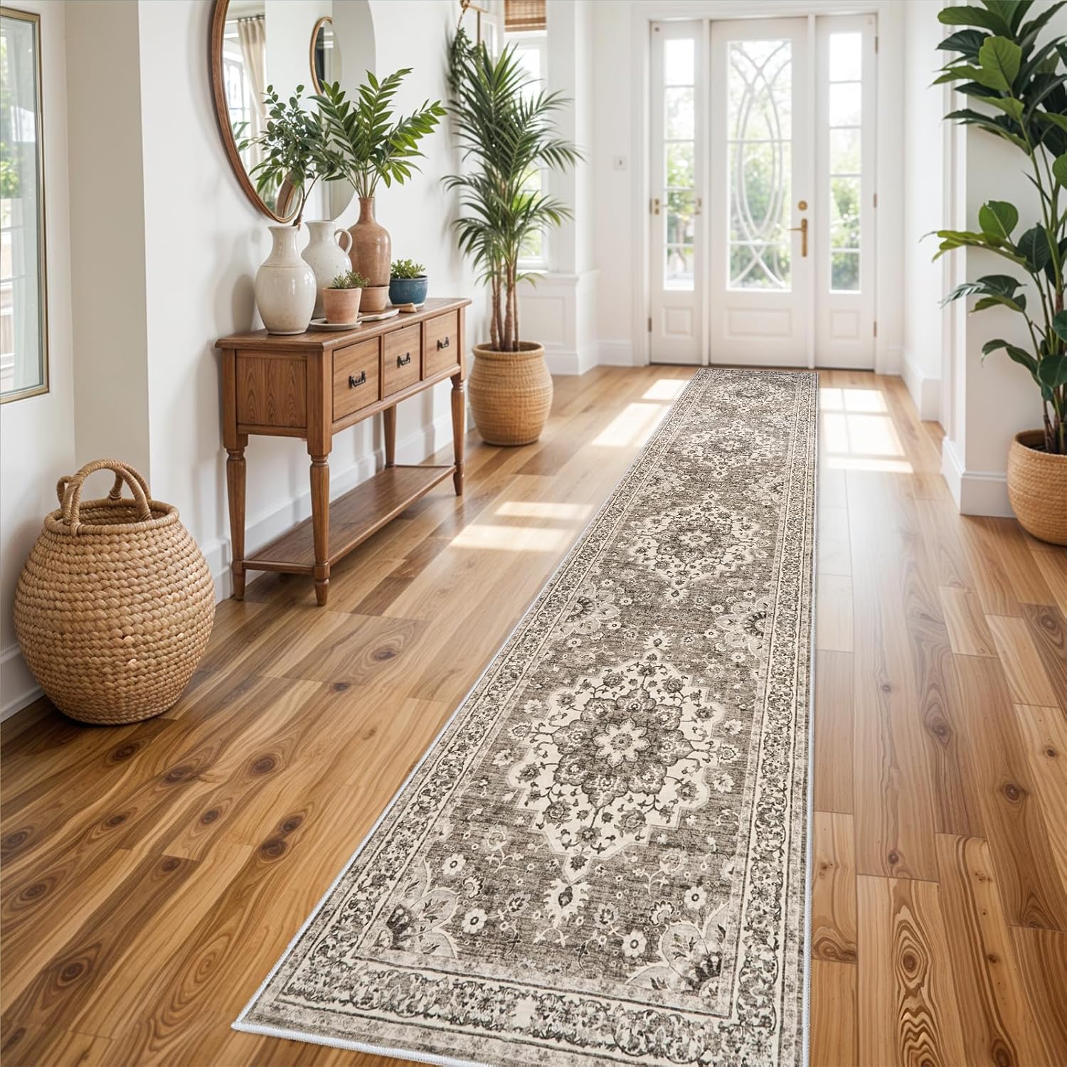 Washable Oriental Area Rug - 9x12 Rugs for Living Room Soft Carpet for Bedroom Waterproof Floral Distressed Indoor Stain Resistant Non-Shedding Floor Carpets (Green, 9x12)
