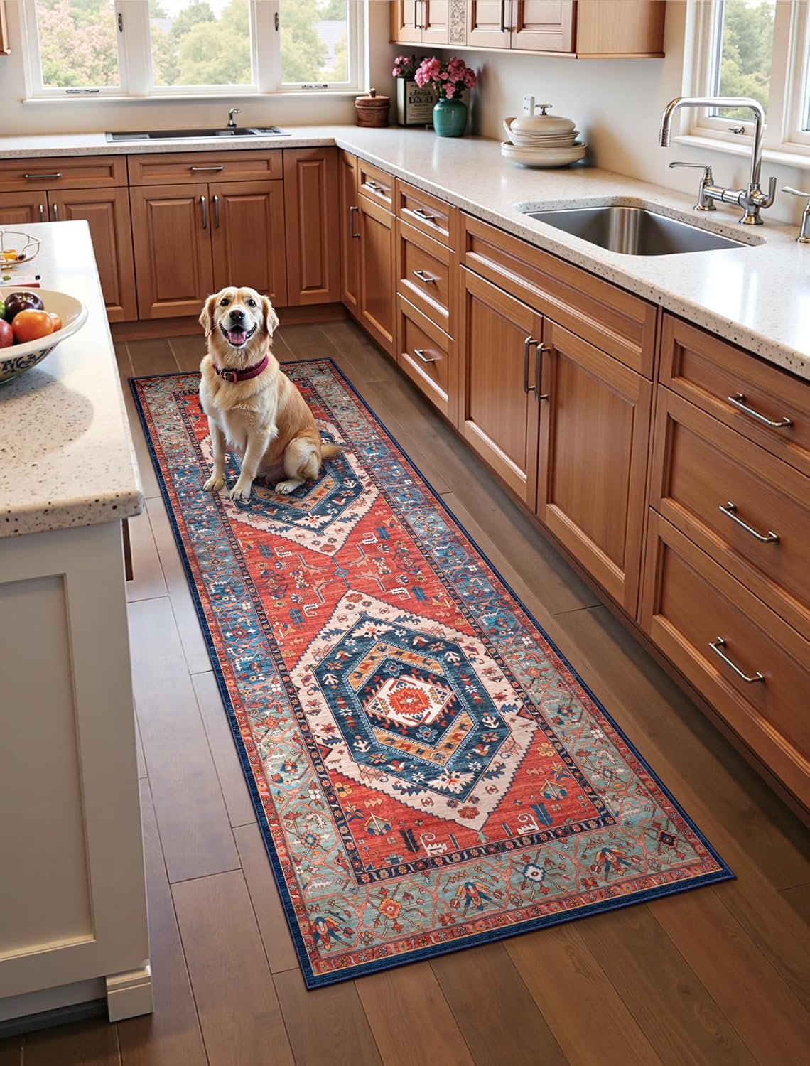 SERISSA Washable Rugs 8x10 Area Rugs, Large Non-Slip Boho Living Room Rust Rug, Ultra Soft Vintage Print Distressed Oriental Tribal Farmhouse Carpet for Dining Room Bedroom Dorm Office Home Decor