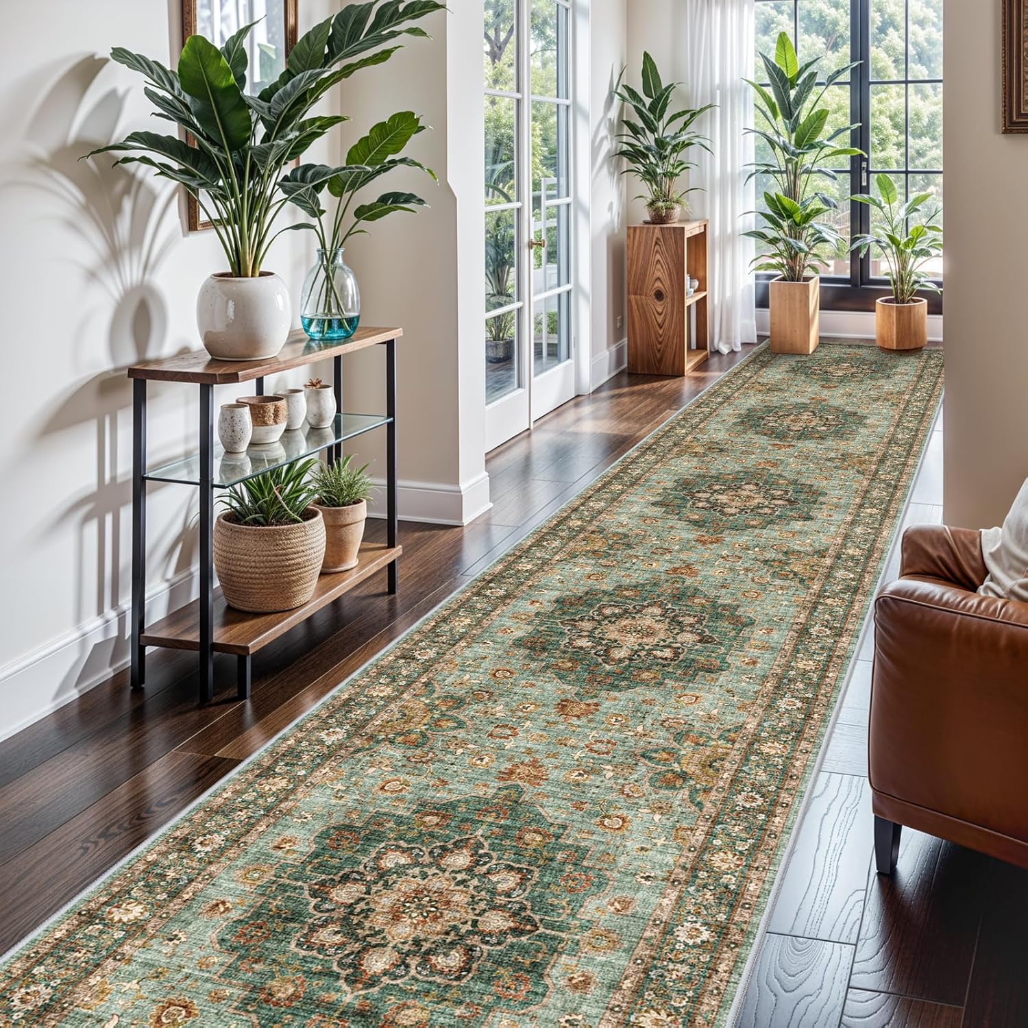 Washable Oriental Area Rug - 9x12 Rugs for Living Room Soft Carpet for Bedroom Waterproof Floral Distressed Indoor Stain Resistant Non-Shedding Floor Carpets (Green, 9x12)
