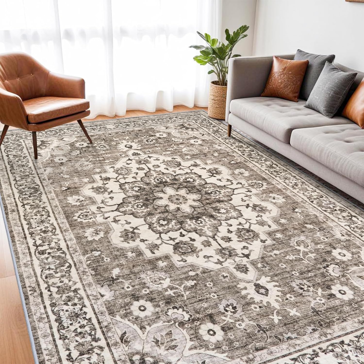 Washable Oriental Area Rug - 9x12 Rugs for Living Room Soft Carpet for Bedroom Waterproof Floral Distressed Indoor Stain Resistant Non-Shedding Floor Carpets (Green, 9x12)