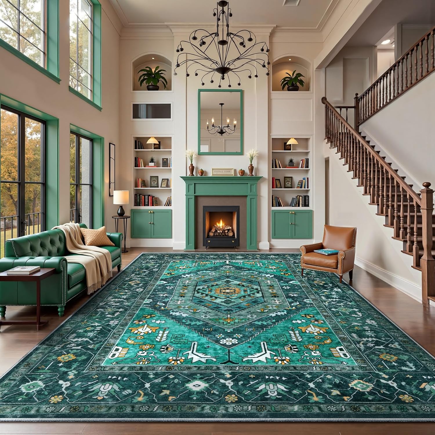 SERISSA Washable Rugs 8x10 Area Rugs, Large Non-Slip Boho Living Room Rust Rug, Ultra Soft Vintage Print Distressed Oriental Tribal Farmhouse Carpet for Dining Room Bedroom Dorm Office Home Decor