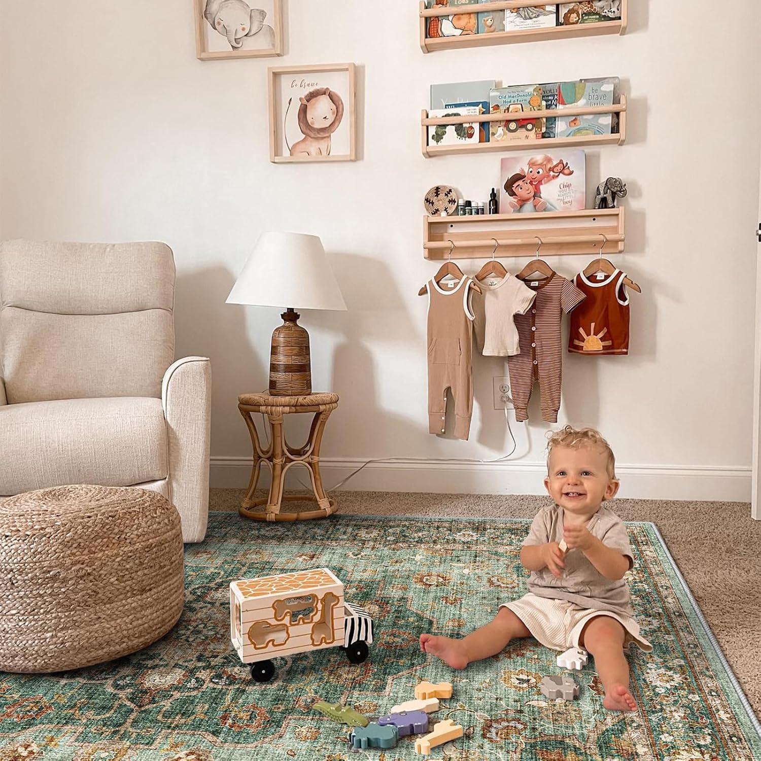 Washable Oriental Area Rug - 9x12 Rugs for Living Room Soft Carpet for Bedroom Waterproof Floral Distressed Indoor Stain Resistant Non-Shedding Floor Carpets (Green, 9x12)