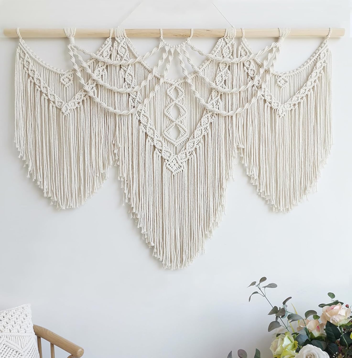 Achart Macrame Wall Hanging Large- Boho Wall Decor- large wall art- Wall Decor Living Room- Macrame Tapestry Boho Decor for Bedroom (Wooden Bead)