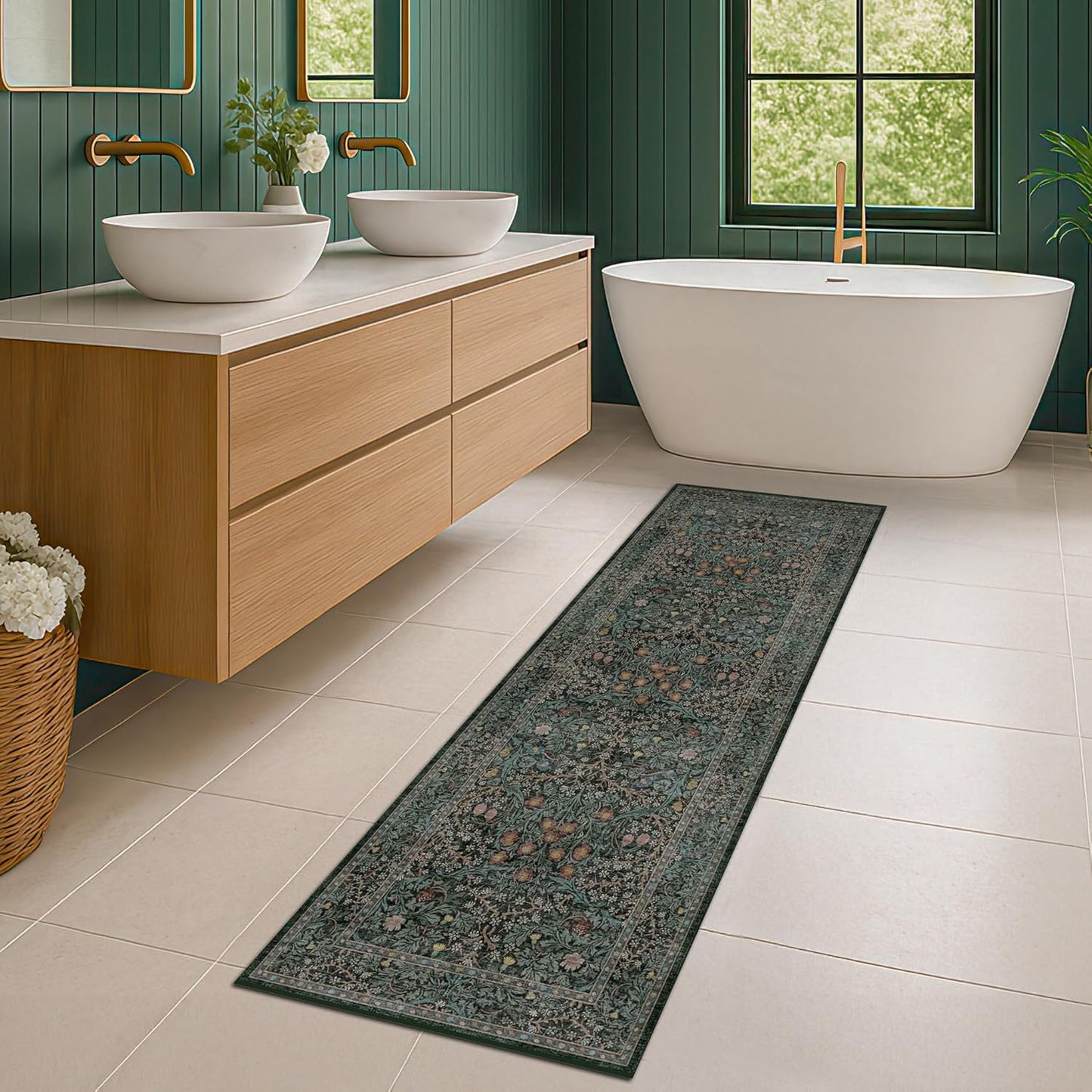 Vintage Dark Green Living Room Rug, 8x10 Washable Area Rugs for Dining Room Under Kitchen Table, Bedroom, Oriental Low Pile Stain Resistant Non-Slip Large Carpet (8x10 Dark Green)