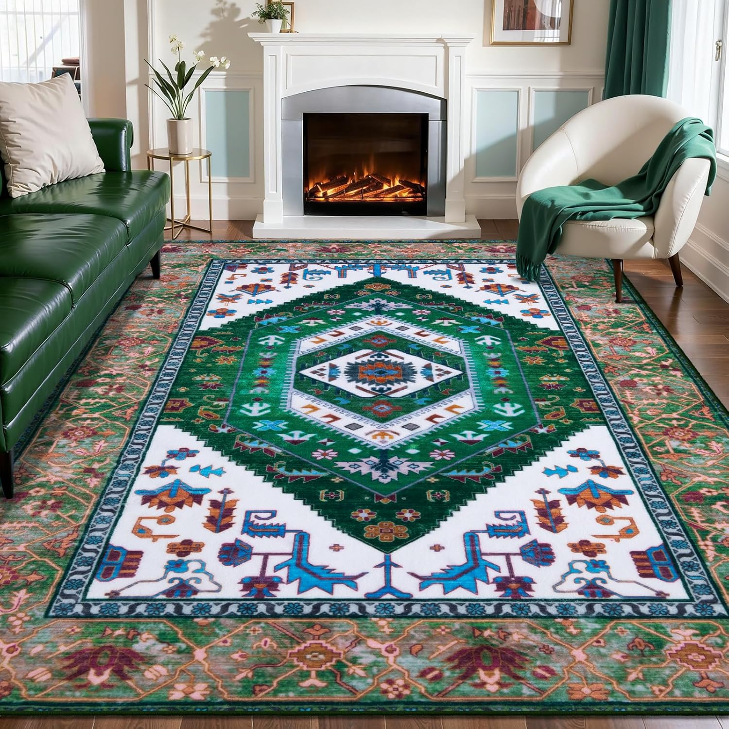 SERISSA Washable Rugs 8x10 Area Rugs, Large Non-Slip Boho Living Room Rust Rug, Ultra Soft Vintage Print Distressed Oriental Tribal Farmhouse Carpet for Dining Room Bedroom Dorm Office Home Decor