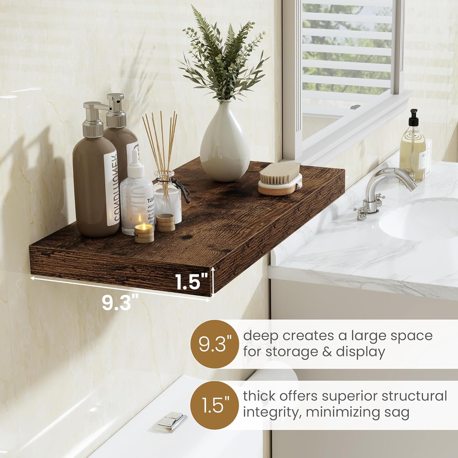 Fun Memories 36 Inch Long Floating Shelves for Wall, 9.3 Inch Deep Floating Shelf, 2 Packs Long Shelves for Bathroom, Living Room, Bedroom, Wall Mounted Storage Shelf for Books Decor, Rustic Brown