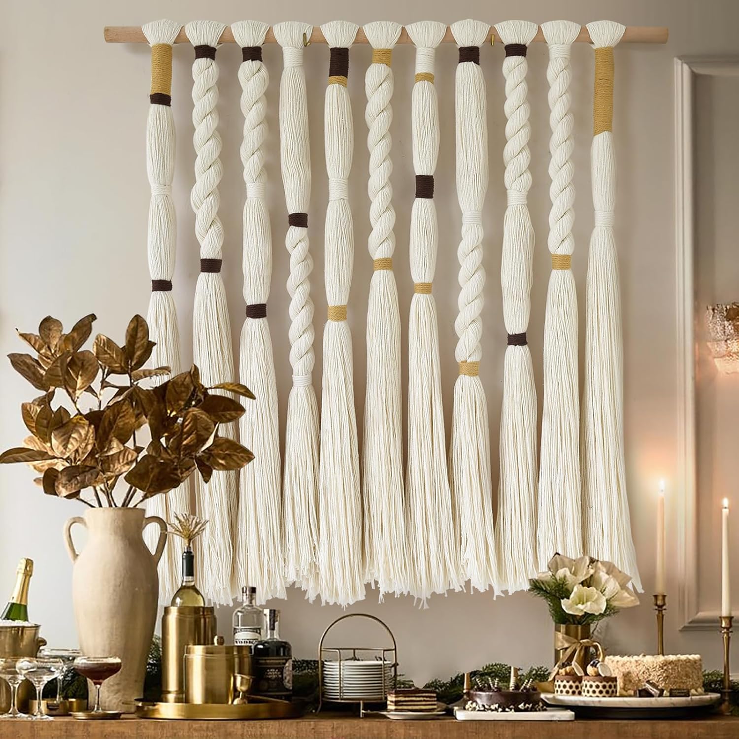 Flber Macrame Wall Hanging Woven Knot and Tassel Fringe Handmade Boho Wall Art for Bedroom, Living Room, or Entryway Decor 27" W x 29" L