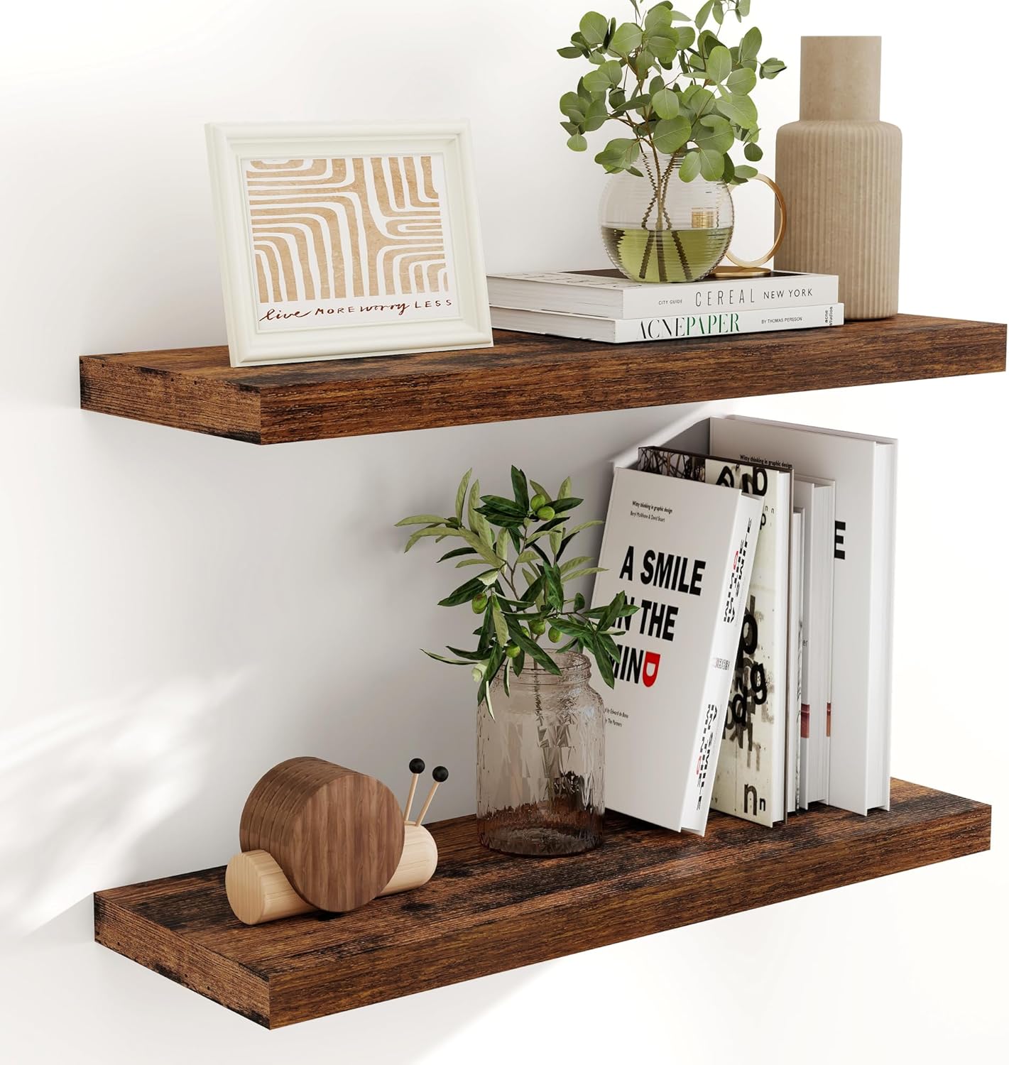 Fun Memories 36 Inch Long Floating Shelves for Wall, 9.3 Inch Deep Floating Shelf, 2 Packs Long Shelves for Bathroom, Living Room, Bedroom, Wall Mounted Storage Shelf for Books Decor, Rustic Brown