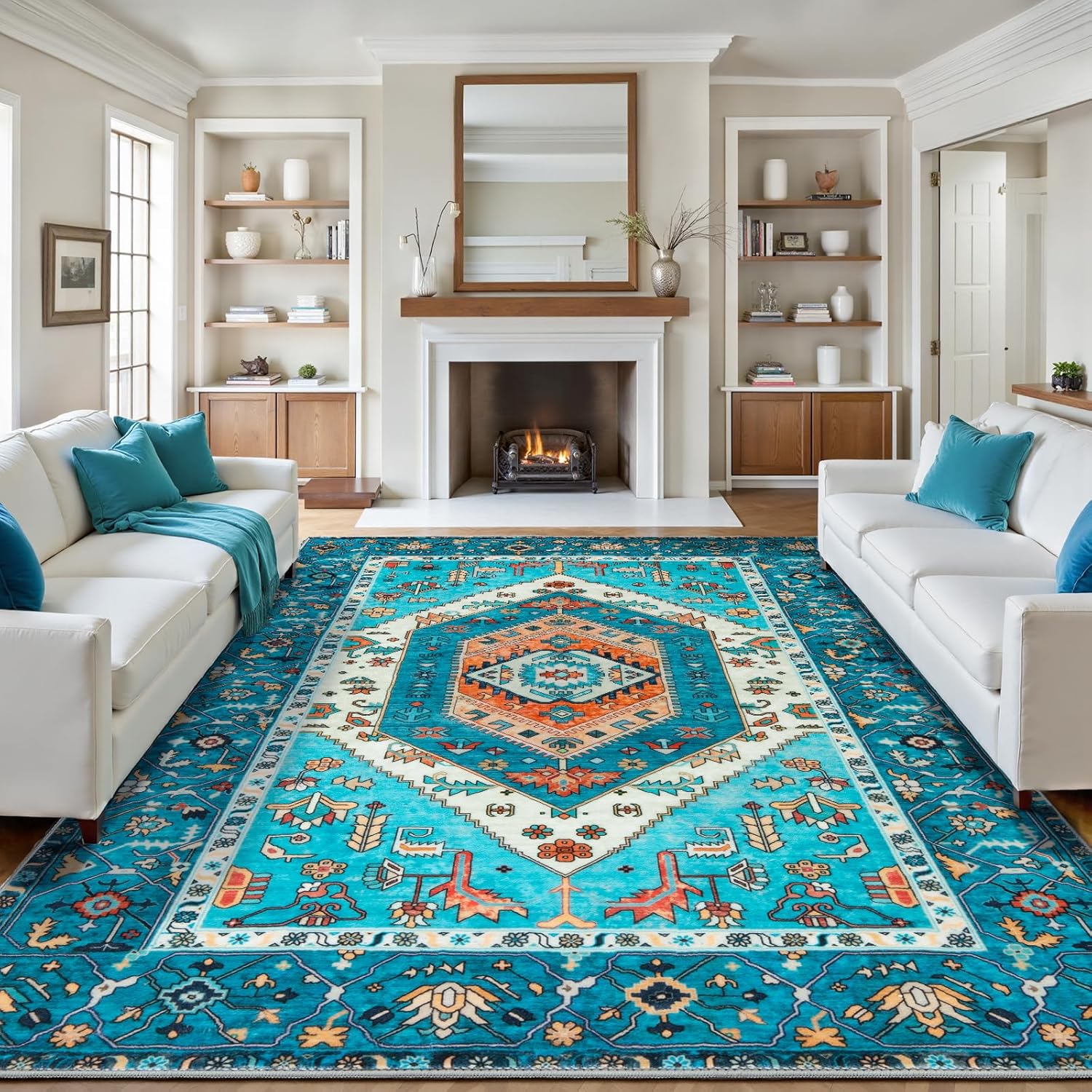 SERISSA Washable Rugs 8x10 Area Rugs, Large Non-Slip Boho Living Room Rust Rug, Ultra Soft Vintage Print Distressed Oriental Tribal Farmhouse Carpet for Dining Room Bedroom Dorm Office Home Decor