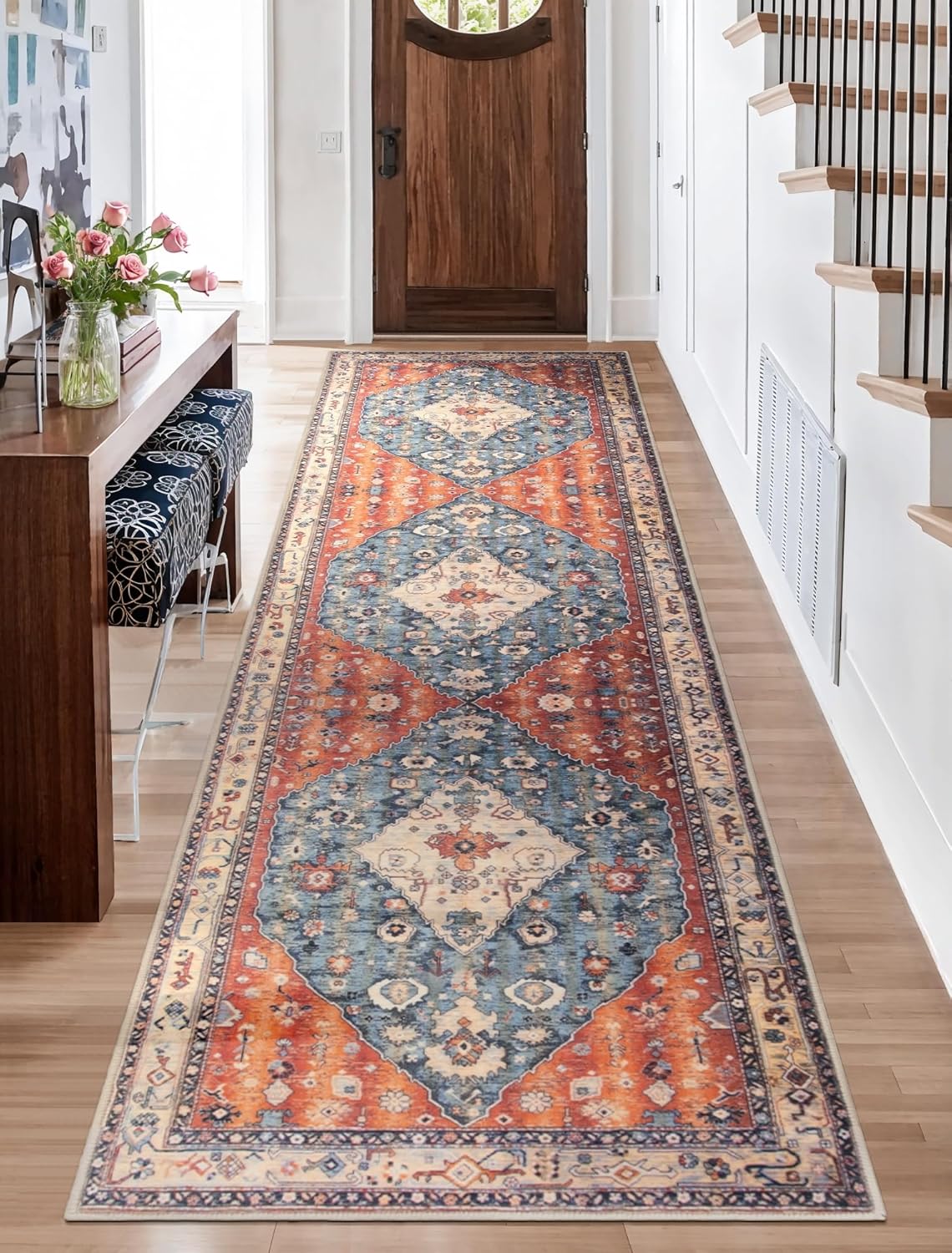 SERISSA Washable Rugs 8x10 Area Rugs, Large Non-Slip Boho Living Room Rust Rug, Ultra Soft Vintage Print Distressed Oriental Tribal Farmhouse Carpet for Dining Room Bedroom Dorm Office Home Decor