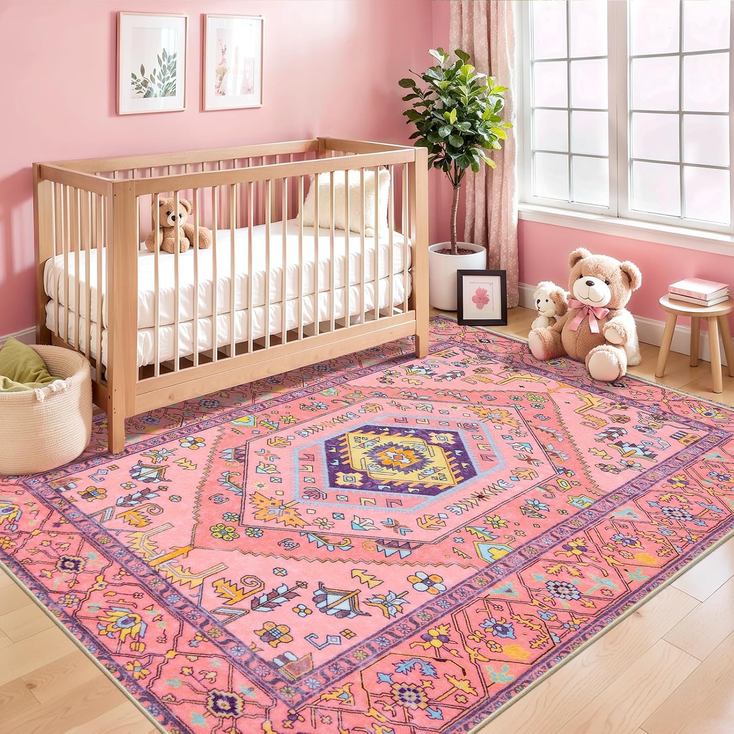 SERISSA Washable Rugs 8x10 Area Rugs, Large Non-Slip Boho Living Room Rust Rug, Ultra Soft Vintage Print Distressed Oriental Tribal Farmhouse Carpet for Dining Room Bedroom Dorm Office Home Decor