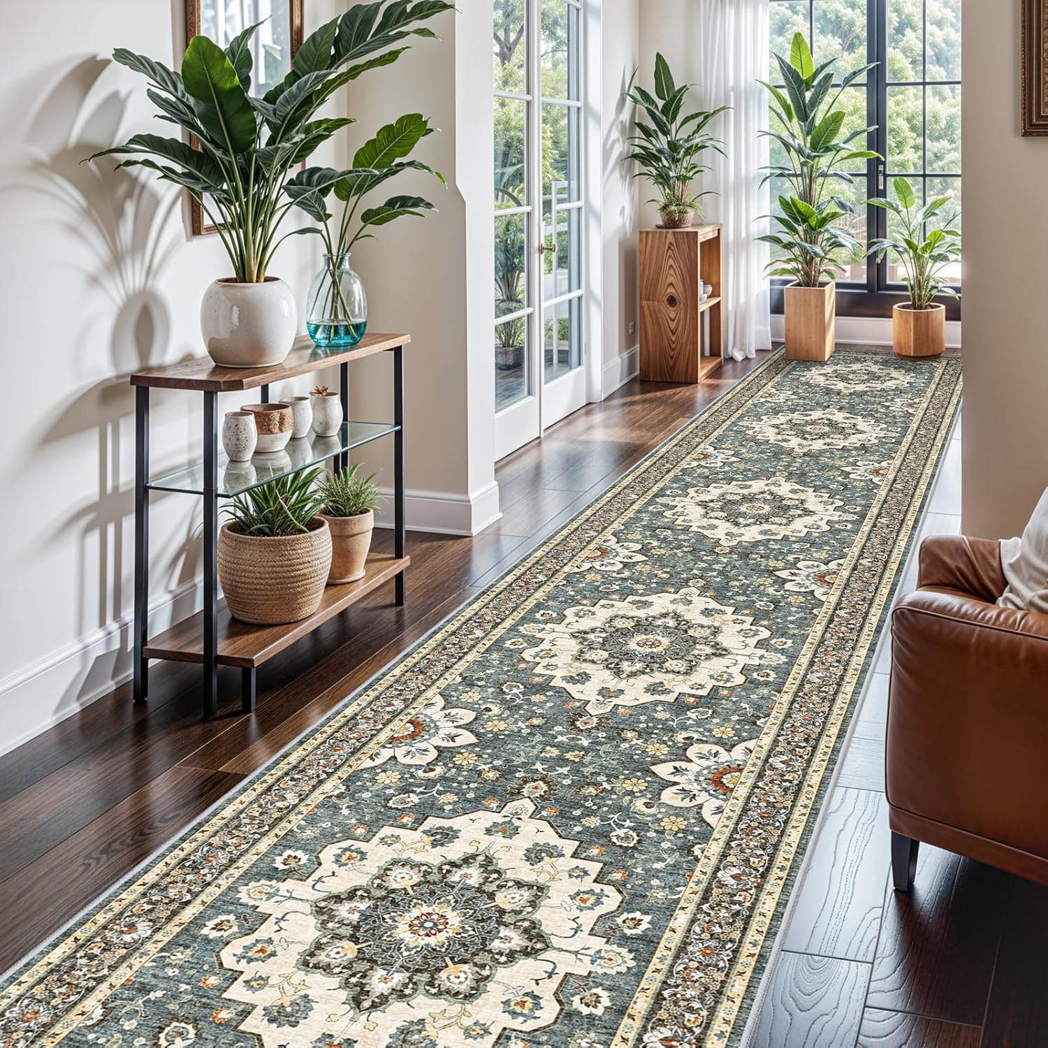 Washable Oriental Area Rug - 9x12 Rugs for Living Room Soft Carpet for Bedroom Waterproof Floral Distressed Indoor Stain Resistant Non-Shedding Floor Carpets (Green, 9x12)