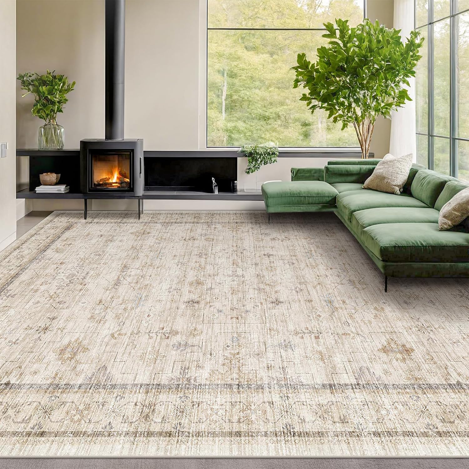 Black Farmhouse Washable 8x10 Area Rugs for Living Room, Bedroom, Dining Room Kitchen Table Rug for Under Table, Office, Dark Charcoal Tumble Stain Resistant Non-Slip Large Washable (8x10 Black/Multi)