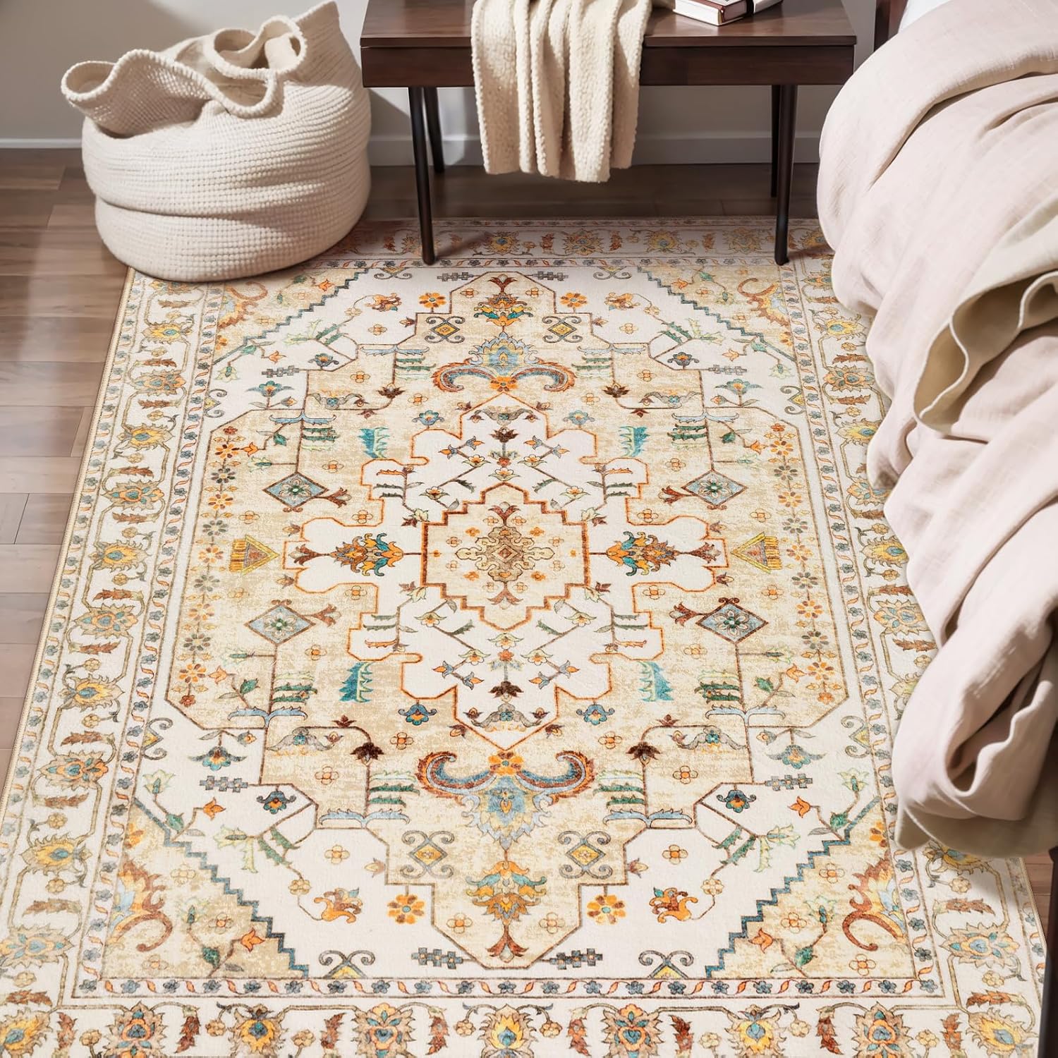 SERISSA Washable Rugs 8x10 Area Rugs, Large Non-Slip Boho Living Room Rust Rug, Ultra Soft Vintage Print Distressed Oriental Tribal Farmhouse Carpet for Dining Room Bedroom Dorm Office Home Decor