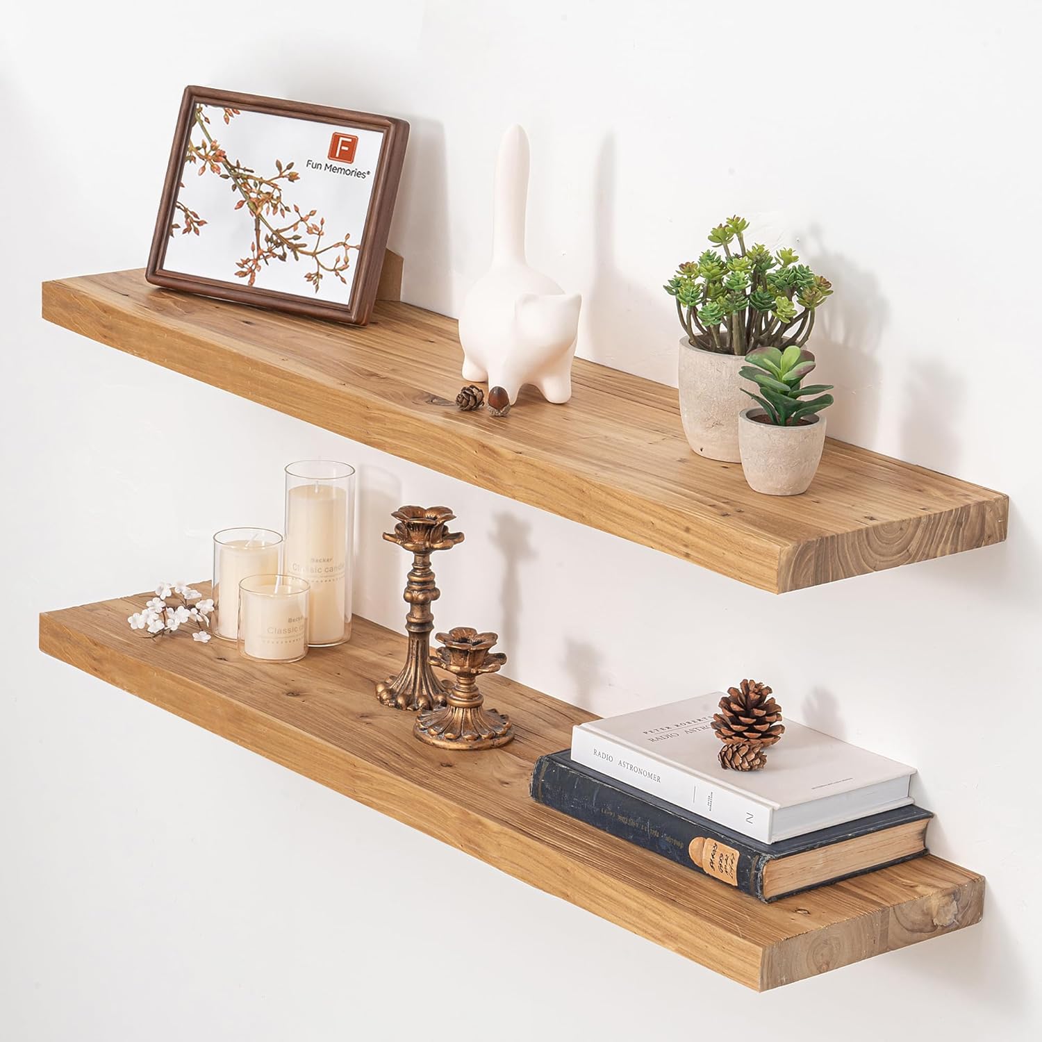 Floating Shelves for Wall, 36"x9.3" Rustic Solid Live-Edge Elm Wood Wall Shelves, Heavy-Duty Floating Shelves with Invisible Brackets, Set of 2 for Living Room, Bedroom, and Kitchen, Natural Finish