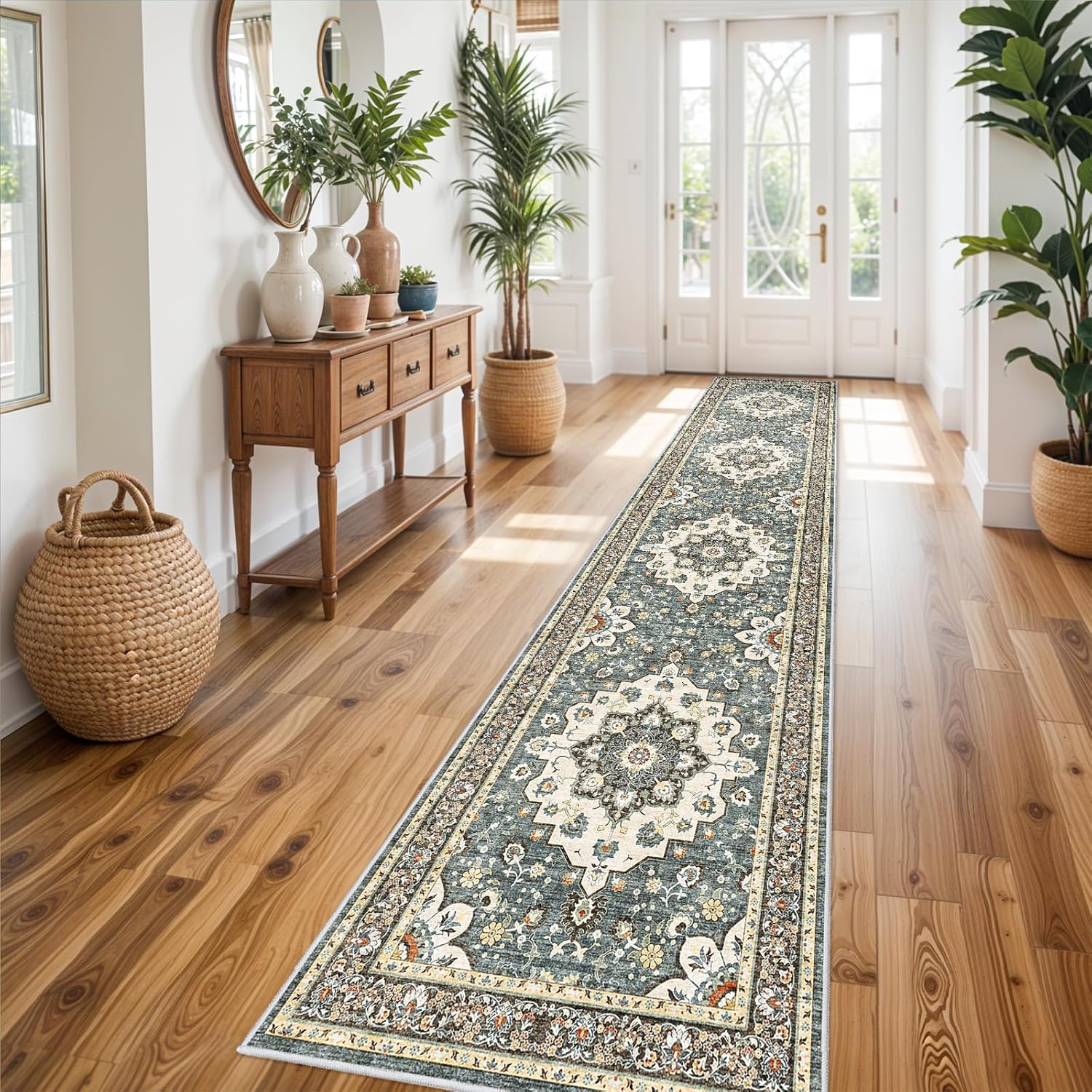 Washable Oriental Area Rug - 9x12 Rugs for Living Room Soft Carpet for Bedroom Waterproof Floral Distressed Indoor Stain Resistant Non-Shedding Floor Carpets (Green, 9x12)