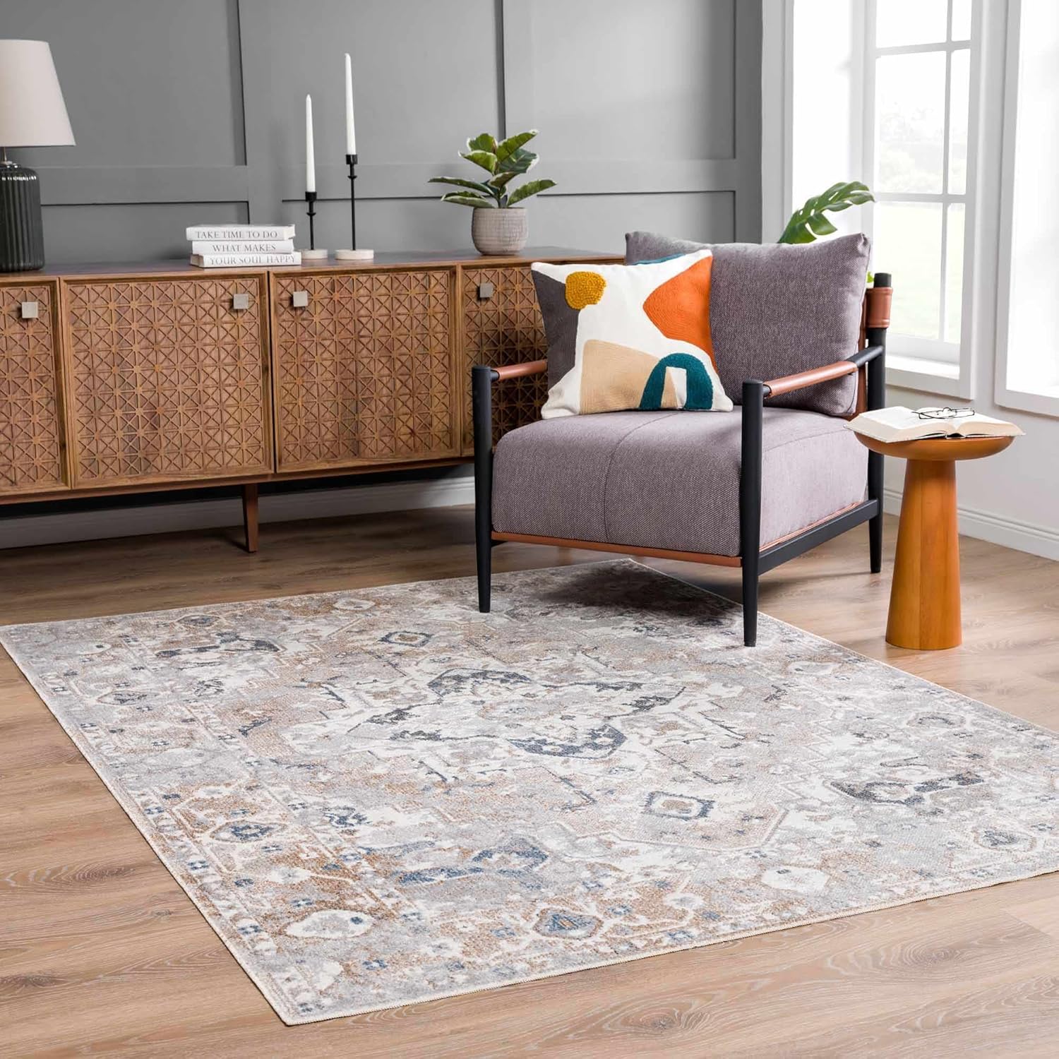 Hauteloom Akram Boho Oriental Medallion Extra Large Area Rug -Traditional Floral Carpet for Living Room, Bedroom, Dining Room - Machine Washable - Gray, Charcoal, Cream - 9'2" x 12' (9x12 Area Rug)