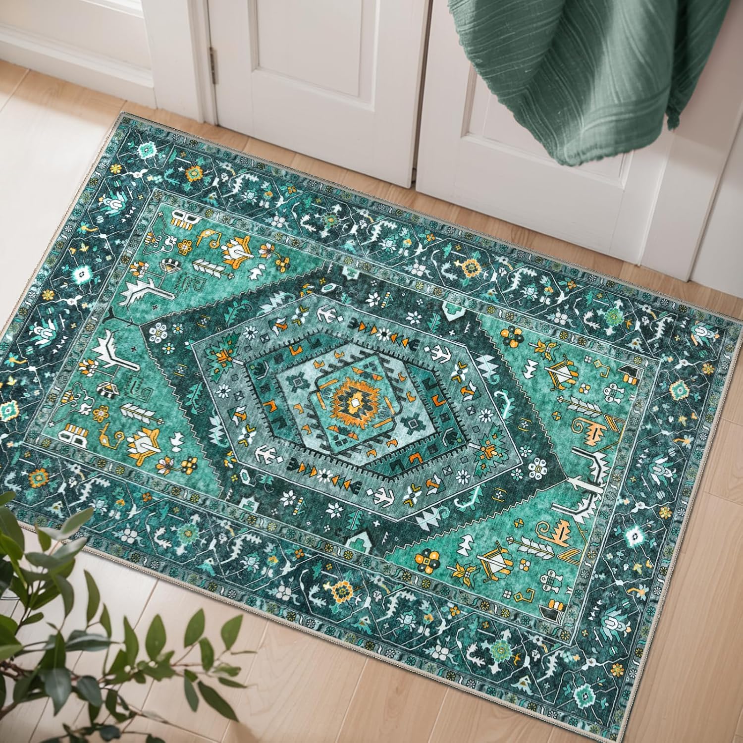 SERISSA Washable Rugs 8x10 Area Rugs, Large Non-Slip Boho Living Room Rust Rug, Ultra Soft Vintage Print Distressed Oriental Tribal Farmhouse Carpet for Dining Room Bedroom Dorm Office Home Decor