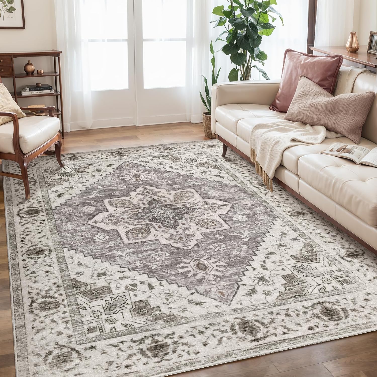 SERISSA Washable Rugs 8x10 Area Rugs, Large Non-Slip Boho Living Room Rust Rug, Ultra Soft Vintage Print Distressed Oriental Tribal Farmhouse Carpet for Dining Room Bedroom Dorm Office Home Decor