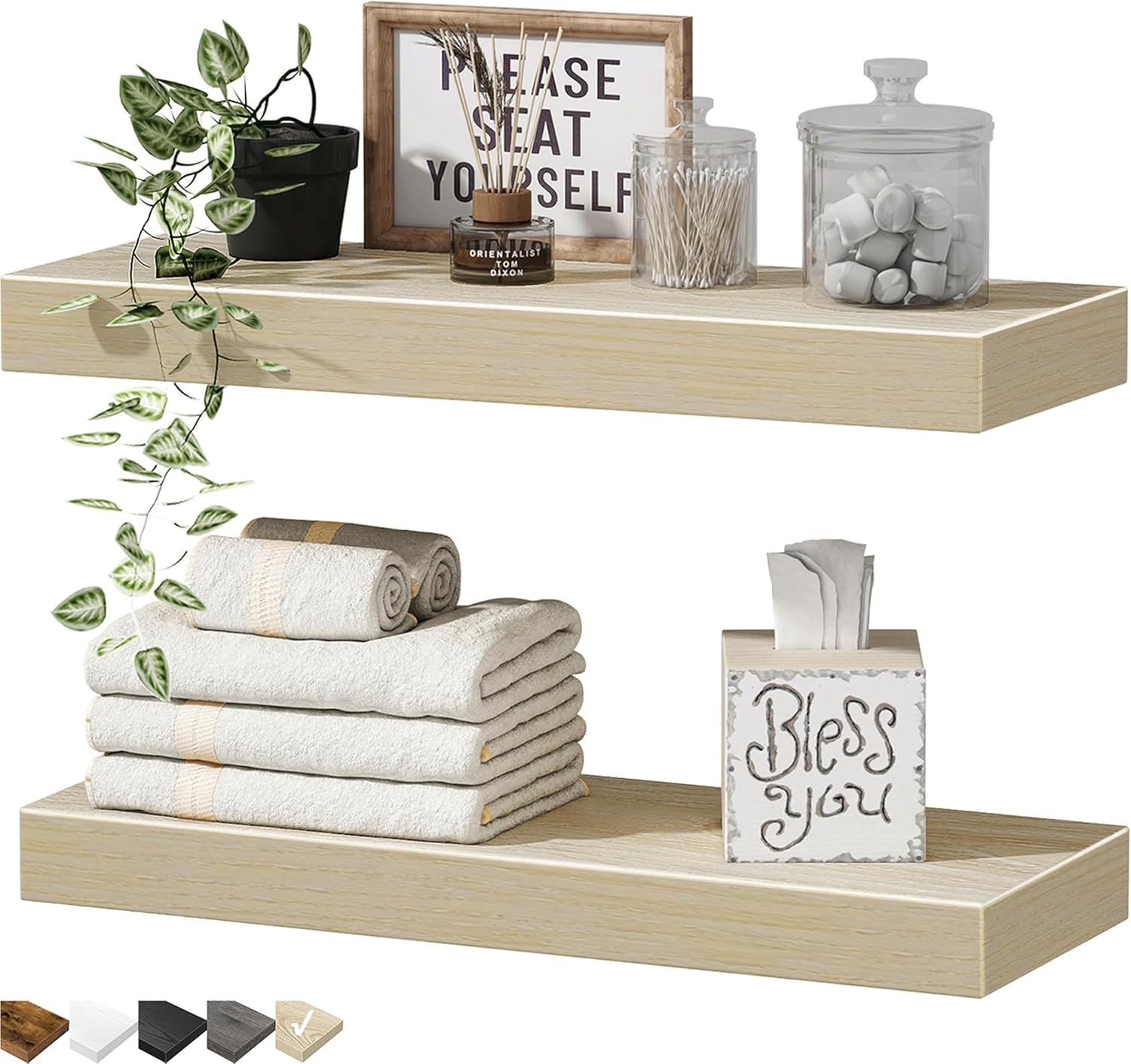 QEEIG Floating Shelves for Wall 35.4" Long - Wall Mounted Shelf Bathroom Kitchen Living Room Bedroom Farmhouse Home Decor Display Bookshelf Large 35.4 x 9.3 inch Set of 2, Rustic Brown (008-90BN)