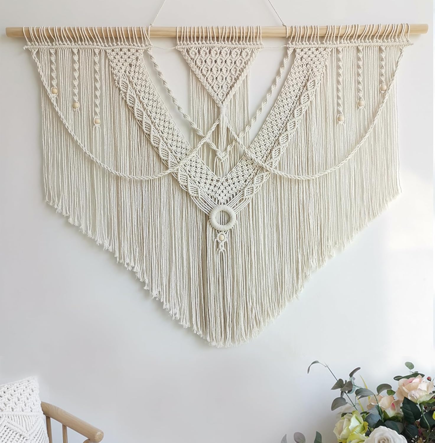 Achart Macrame Wall Hanging Large- Boho Wall Decor- large wall art- Wall Decor Living Room- Macrame Tapestry Boho Decor for Bedroom (Beige-Fringe)