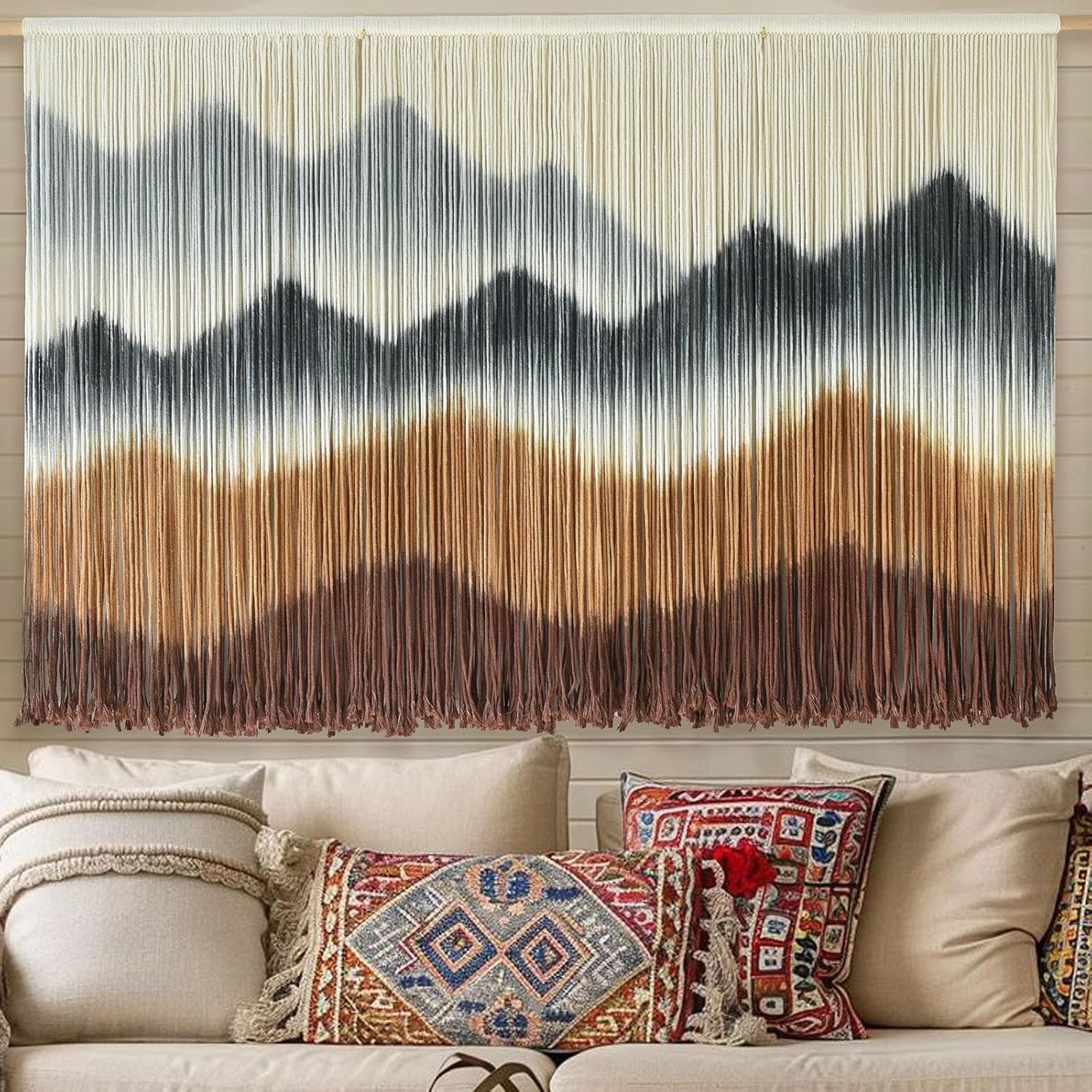 IOWER Macrame Wall Hanging Mountain Wall Art Dip-Dyed Macrame Wall Decor Modern Wall Decor Fiber Wall Art Craftsmanship 57" Wx35 L