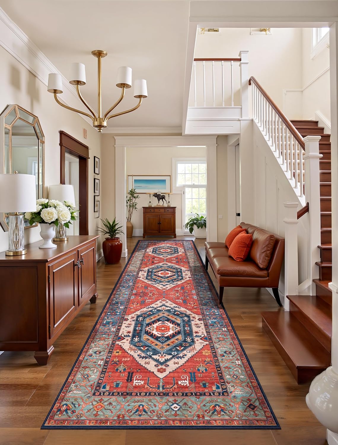 SERISSA Washable Rugs 8x10 Area Rugs, Large Non-Slip Boho Living Room Rust Rug, Ultra Soft Vintage Print Distressed Oriental Tribal Farmhouse Carpet for Dining Room Bedroom Dorm Office Home Decor