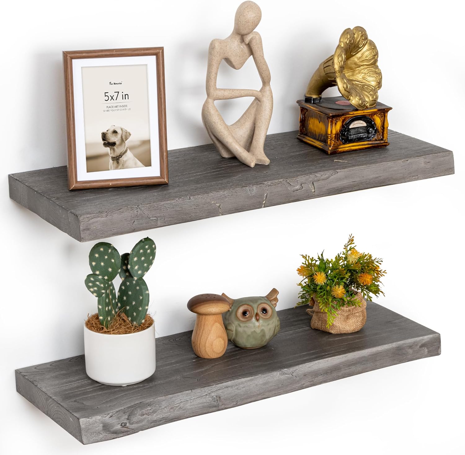 Floating Shelves for Wall, 36"x9.3" Rustic Solid Live-Edge Elm Wood Wall Shelves, Heavy-Duty Floating Shelves with Invisible Brackets, Set of 2 for Living Room, Bedroom, and Kitchen, Natural Finish