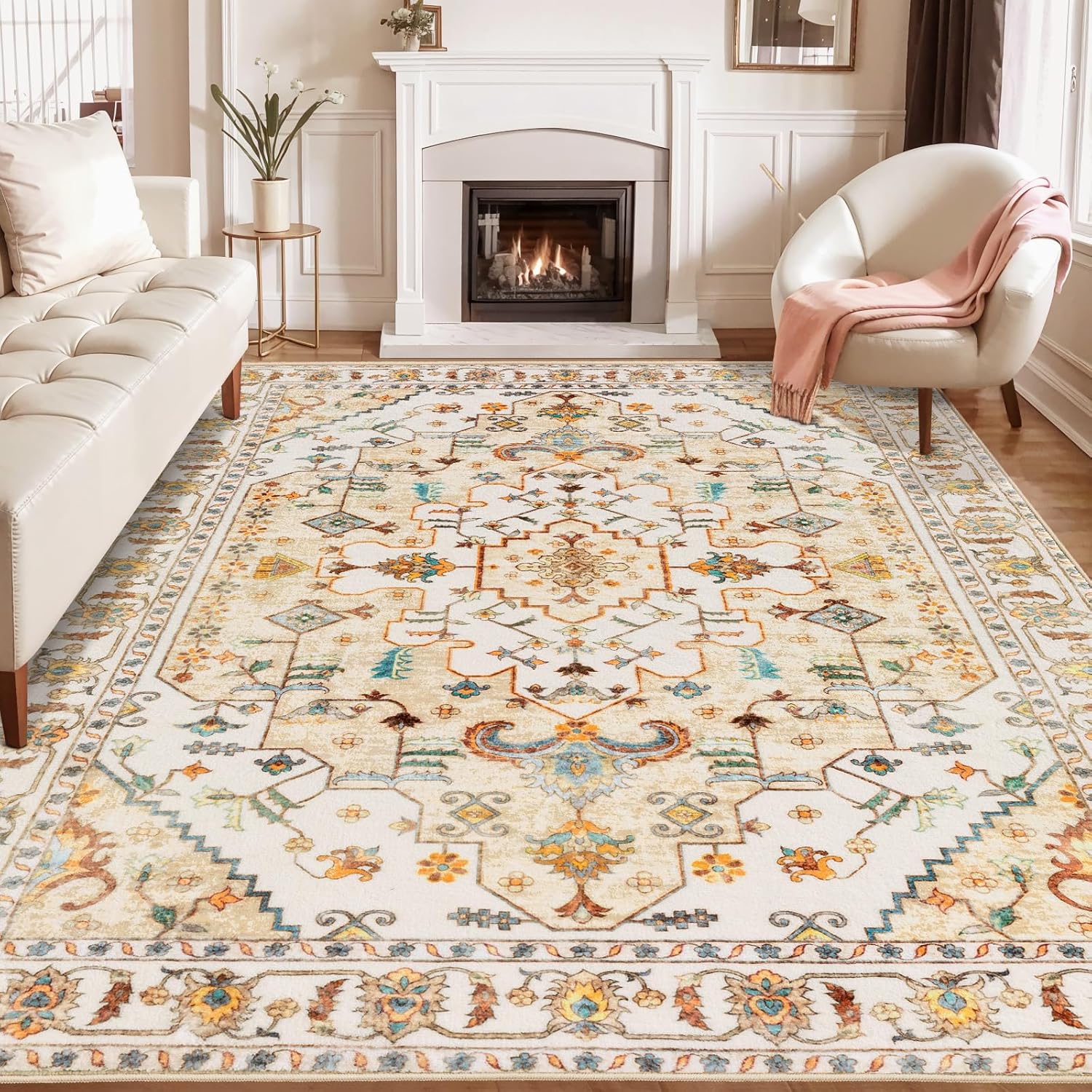 SERISSA Washable Rugs 8x10 Area Rugs, Large Non-Slip Boho Living Room Rust Rug, Ultra Soft Vintage Print Distressed Oriental Tribal Farmhouse Carpet for Dining Room Bedroom Dorm Office Home Decor