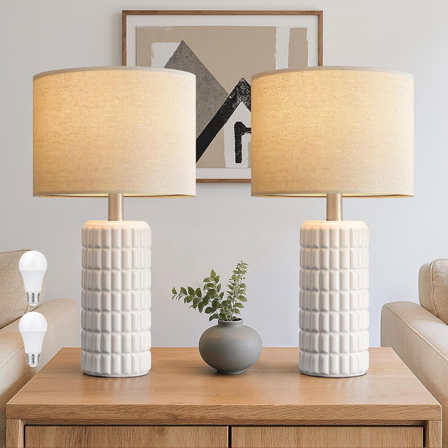 23" Modern Ceramic Table Lamps Set of 2 - Table Lamps for Living room, Farmhouse Bedside Night Stands Lamp for Bedroom, White Boho Nightstand Lamps Set of 2, Desk Lamp for End Table Home Decor