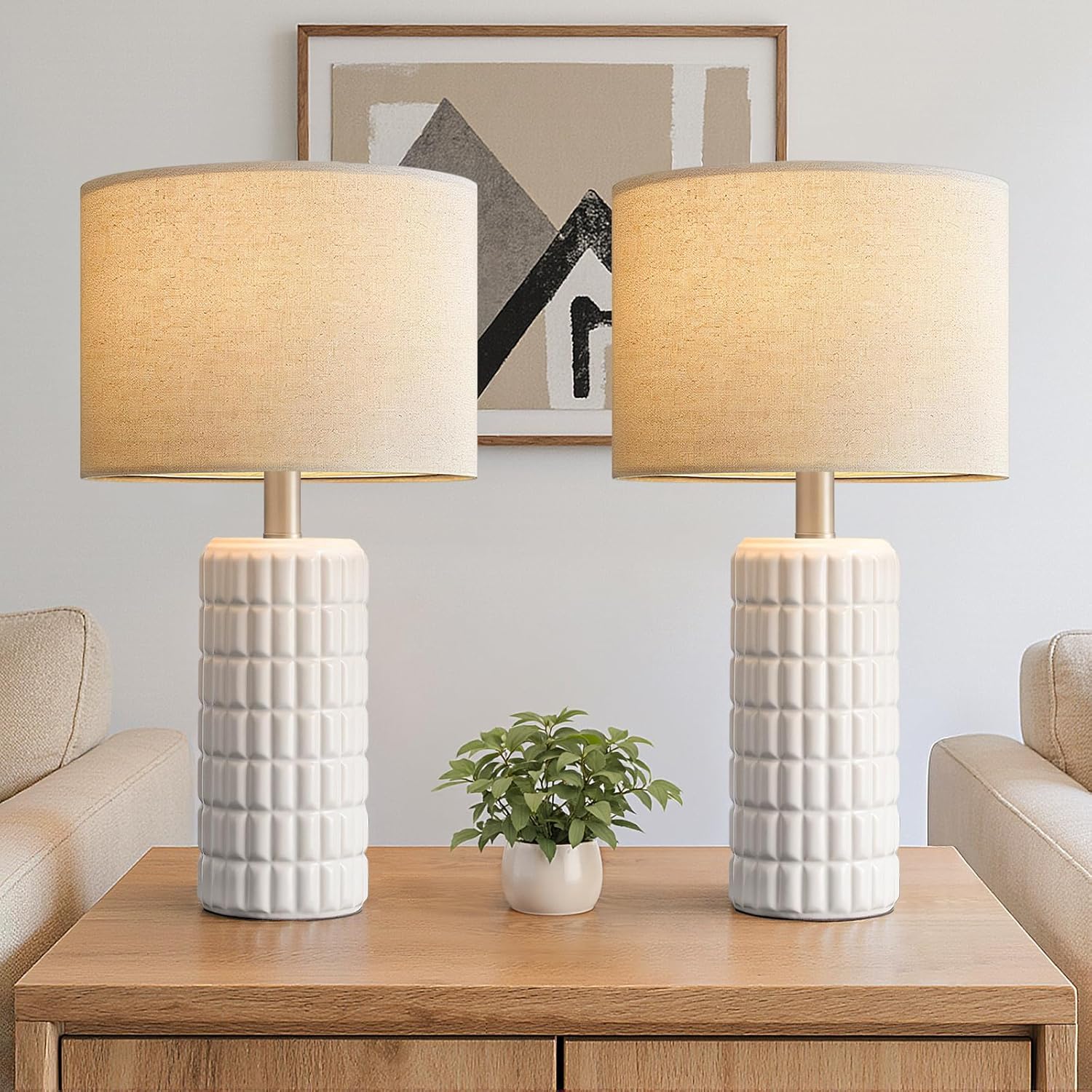 23" Modern Ceramic Table Lamps Set of 2 - Table Lamps for Living room, Farmhouse Bedside Night Stands Lamp for Bedroom, White Boho Nightstand Lamps Set of 2, Desk Lamp for End Table Home Decor