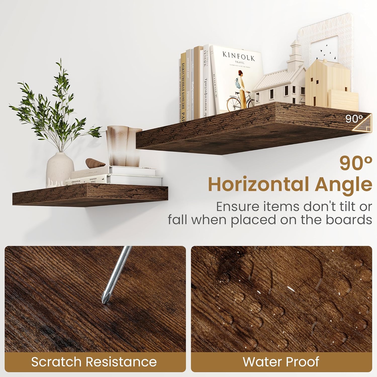 Fun Memories 36 Inch Long Floating Shelves for Wall, 9.3 Inch Deep Floating Shelf, 2 Packs Long Shelves for Bathroom, Living Room, Bedroom, Wall Mounted Storage Shelf for Books Decor, Rustic Brown