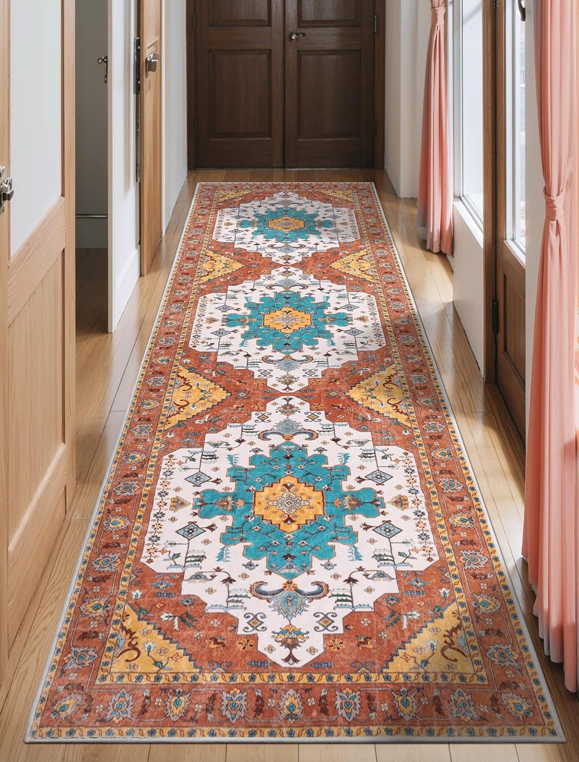 SERISSA Washable Rugs 8x10 Area Rugs, Large Non-Slip Boho Living Room Rust Rug, Ultra Soft Vintage Print Distressed Oriental Tribal Farmhouse Carpet for Dining Room Bedroom Dorm Office Home Decor