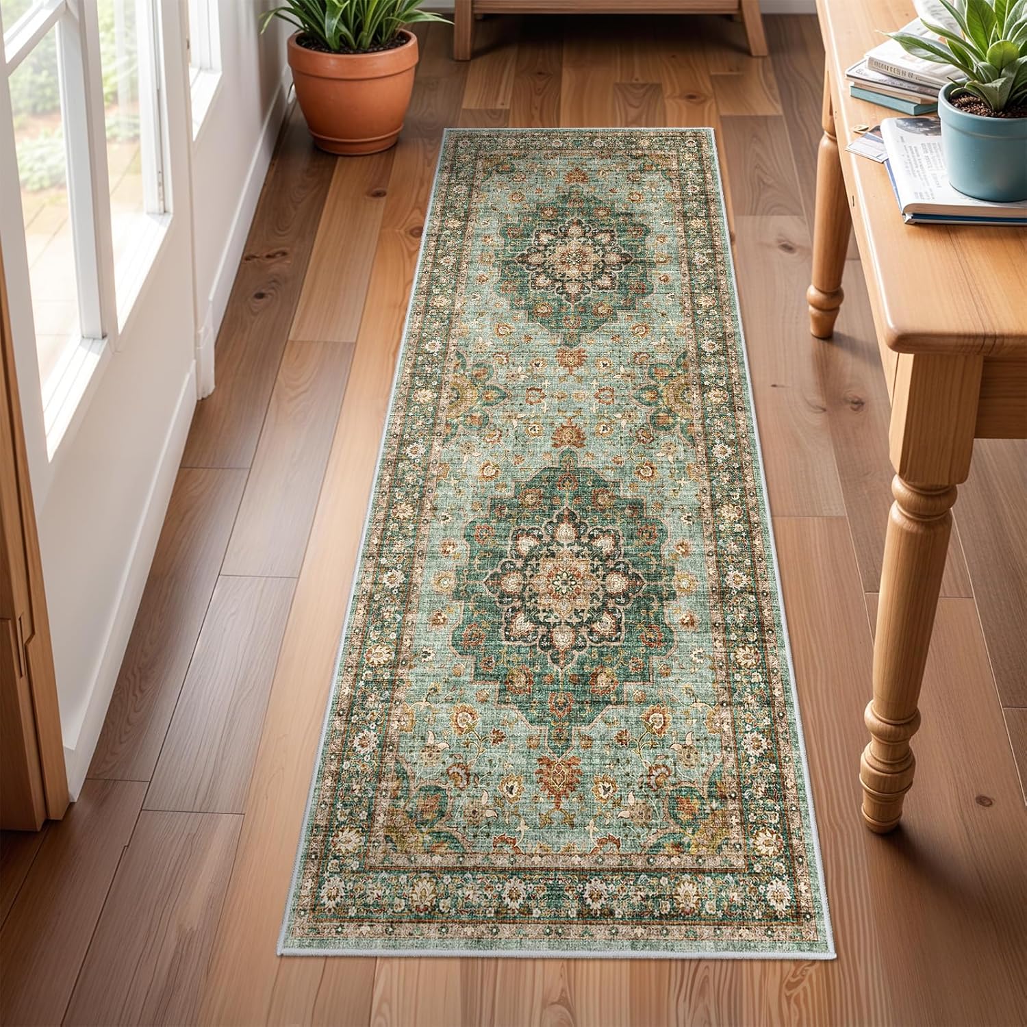 Washable Oriental Area Rug - 9x12 Rugs for Living Room Soft Carpet for Bedroom Waterproof Floral Distressed Indoor Stain Resistant Non-Shedding Floor Carpets (Green, 9x12)