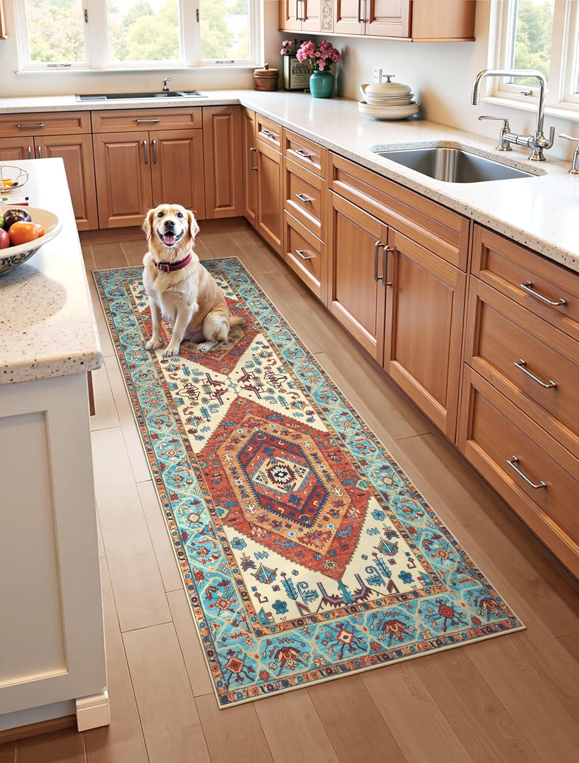 SERISSA Washable Rugs 8x10 Area Rugs, Large Non-Slip Boho Living Room Rust Rug, Ultra Soft Vintage Print Distressed Oriental Tribal Farmhouse Carpet for Dining Room Bedroom Dorm Office Home Decor